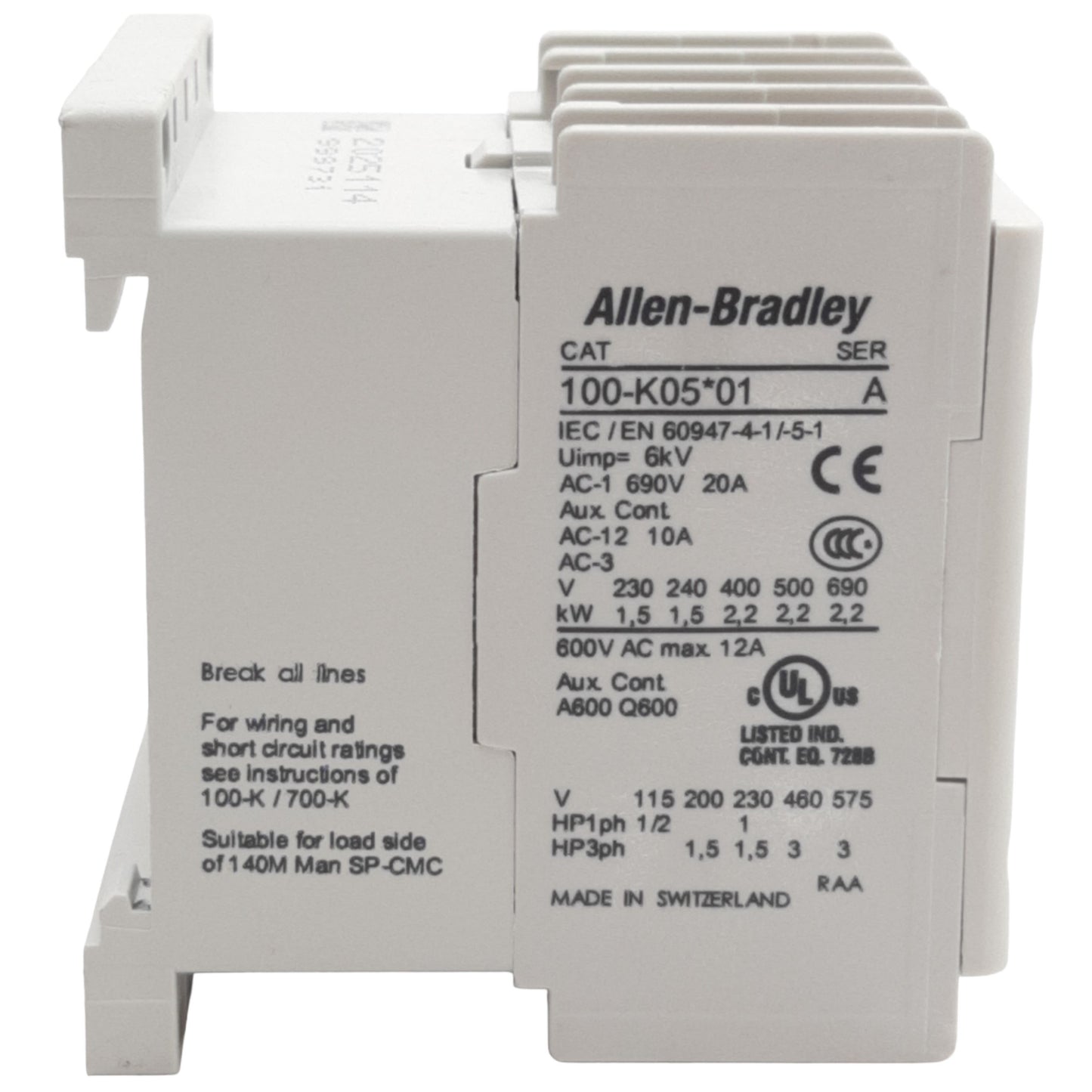 Used Allen Bradley 100-K05ZJ01 Contactor 3-Pole + 1NC, 10A, 3HP@575V, 24VDC Coil