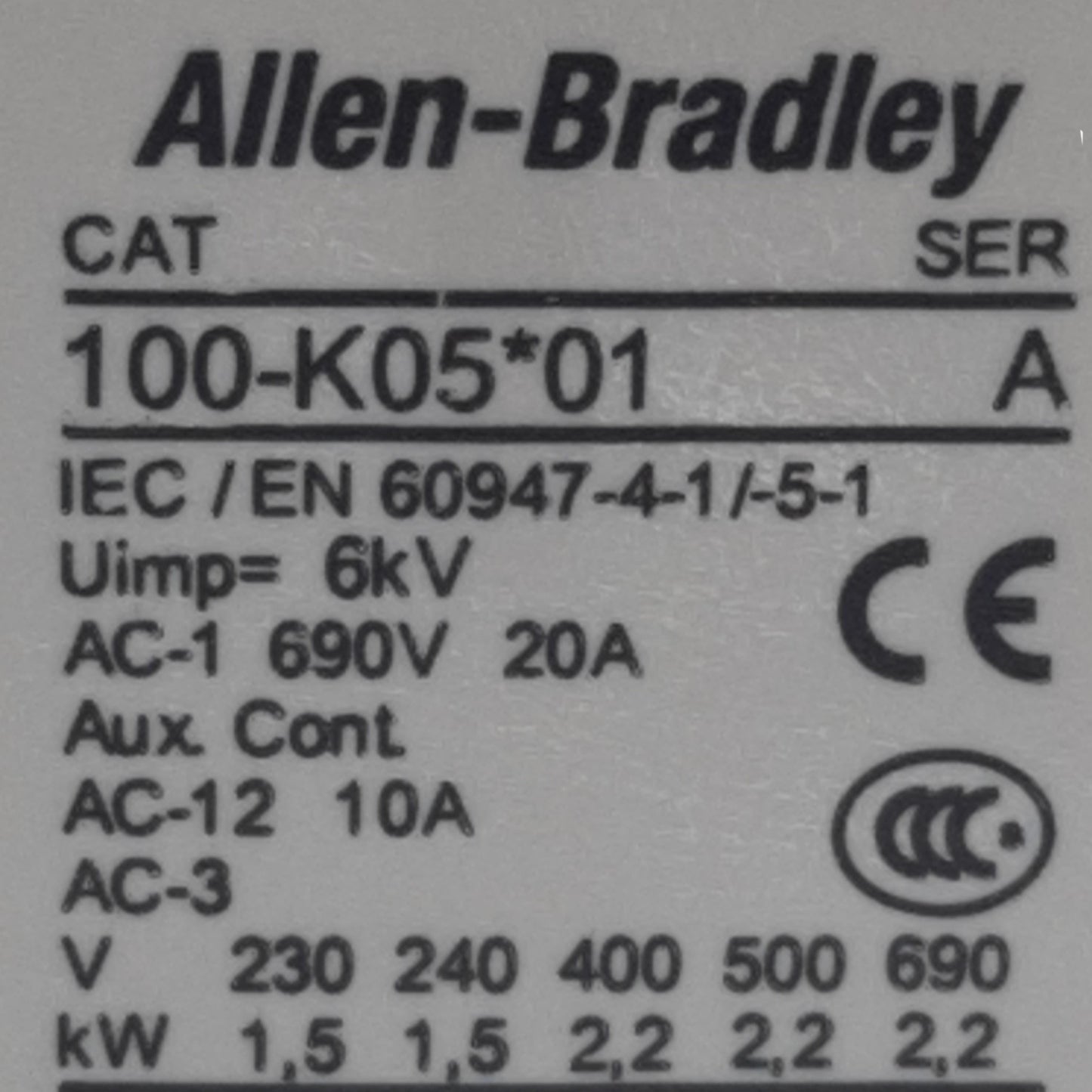 Used Allen Bradley 100-K05ZJ01 Contactor 3-Pole + 1NC, 10A, 3HP@575V, 24VDC Coil