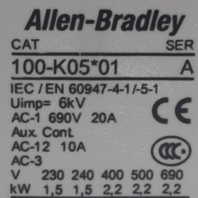 Used Allen Bradley 100-K05ZJ01 Contactor 3-Pole + 1NC, 10A, 3HP@575V, 24VDC Coil