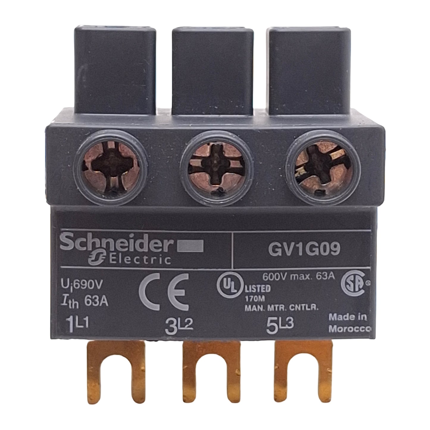 Used Schneider Electric GV1G09 Top-Feed Terminal Block For Bus Bars 3-Pole 63A 600VAC