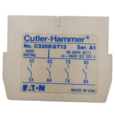 Used Cutler-Hammer C320KGT13 Auxiliary Contact Block, 4NO, 600VAC/DC 6A Max