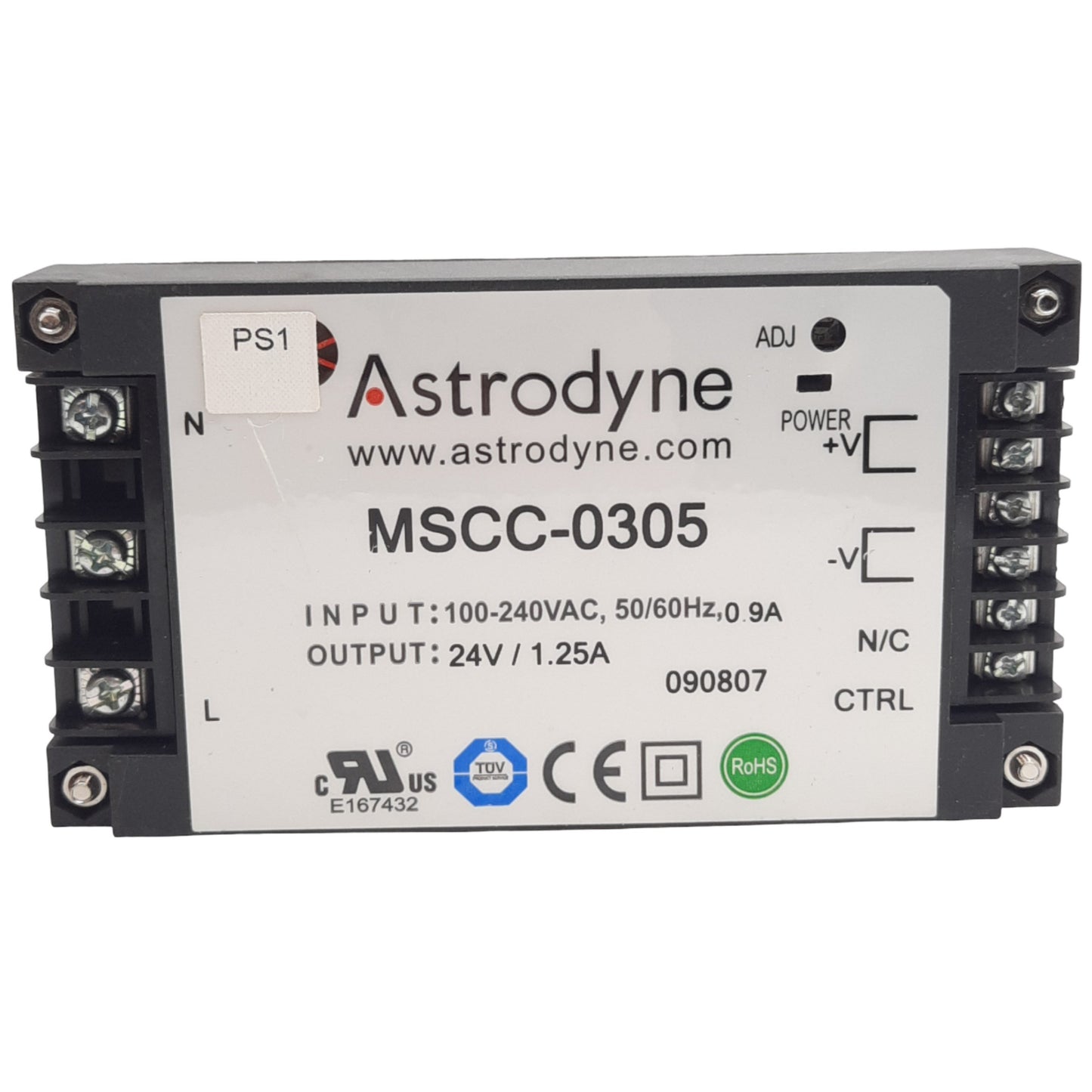 Used Astrodyne MSCC-0305 Power Supply, Input 100-240VAC-0.9A, Output 24V-1.25A
