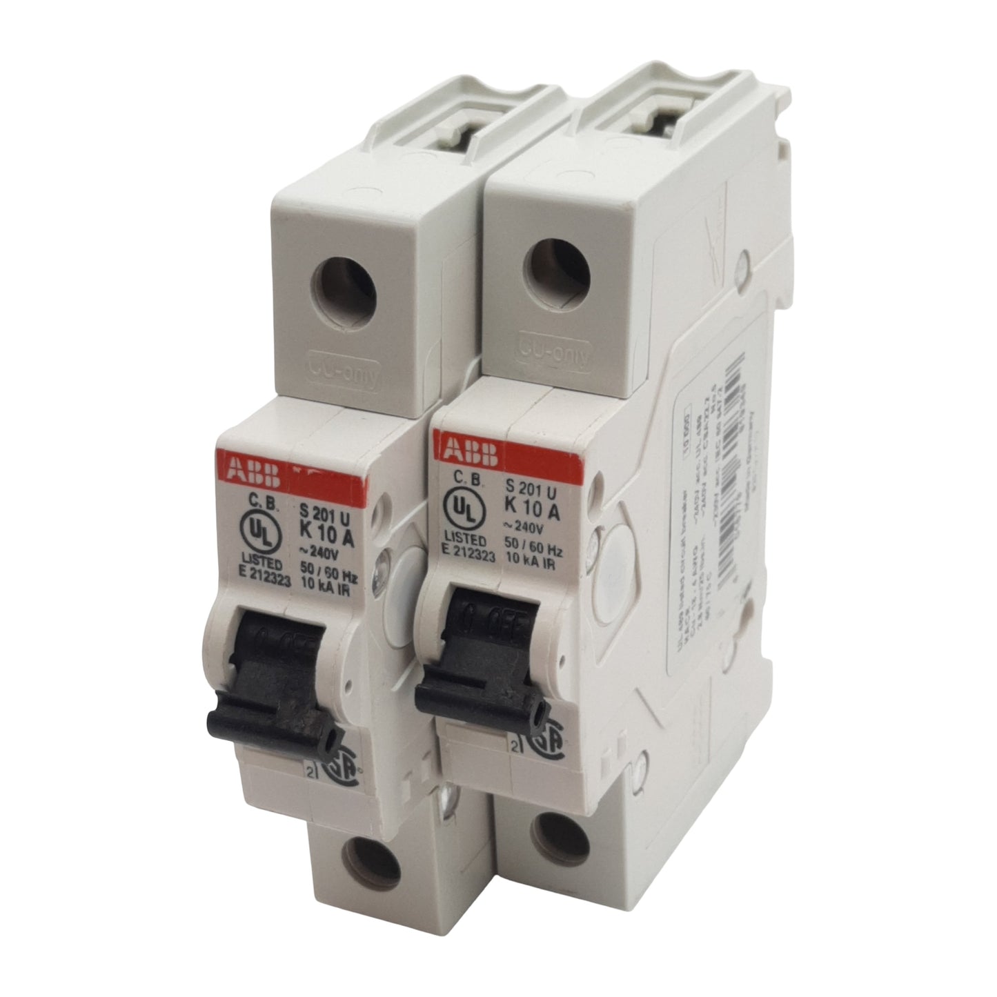 Used Lot of 2 ABB S201U-K10 Circuit Breaker, 1-Pole, 10A 240VAC, K-Curve, DIN Rail