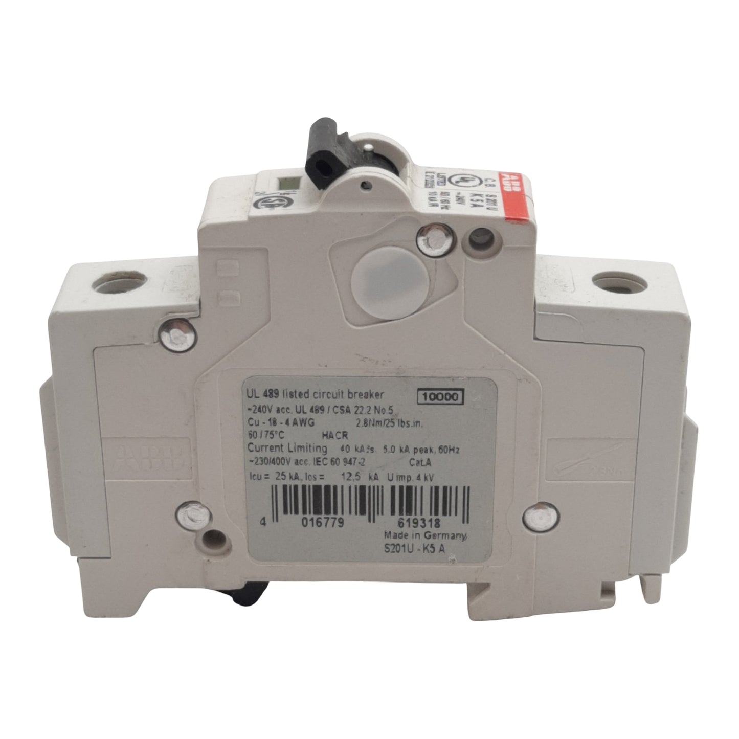 Used ABB S201U-K5A Circuit Breaker 1-Pole, 5A 240VAC, K-Curve, DIN Rail Mount