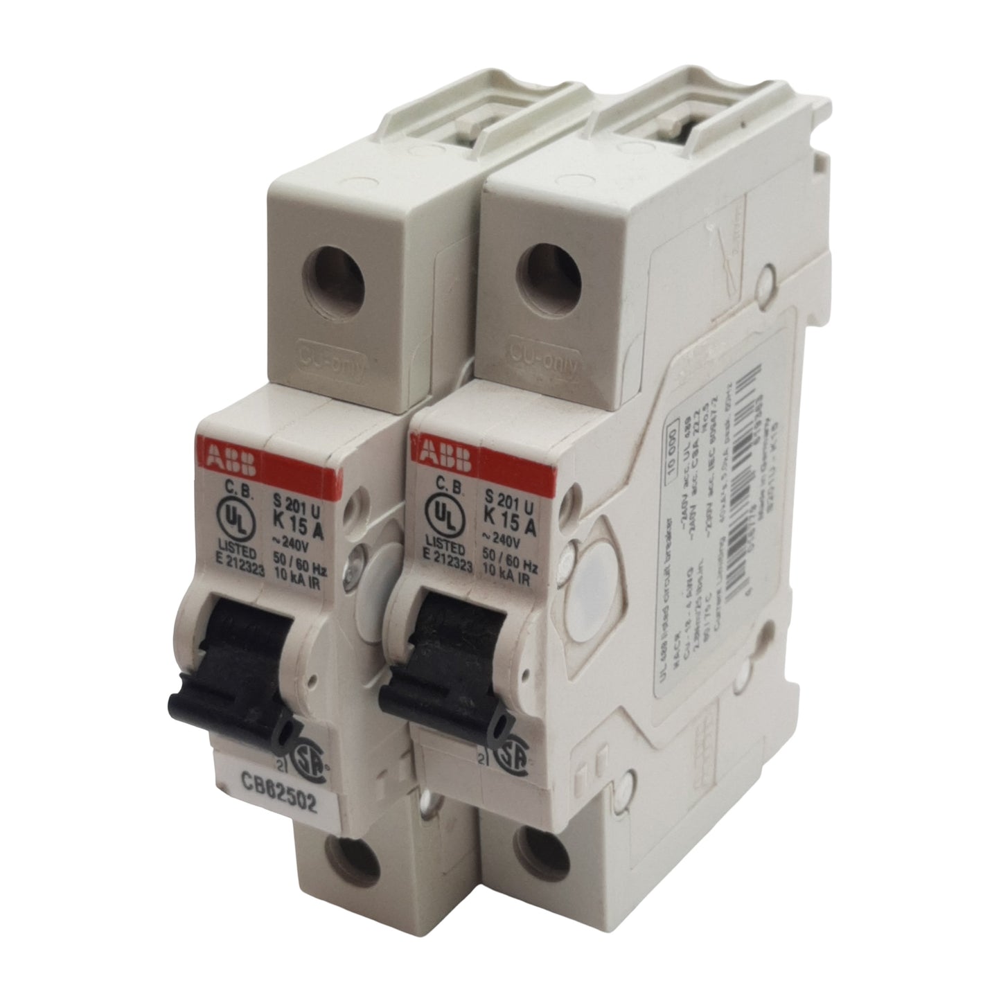Used Lot of 2 ABB S201U-K15A Circuit Breaker, 1-Pole, 15A 240VAC, K-Curve, DIN Rail