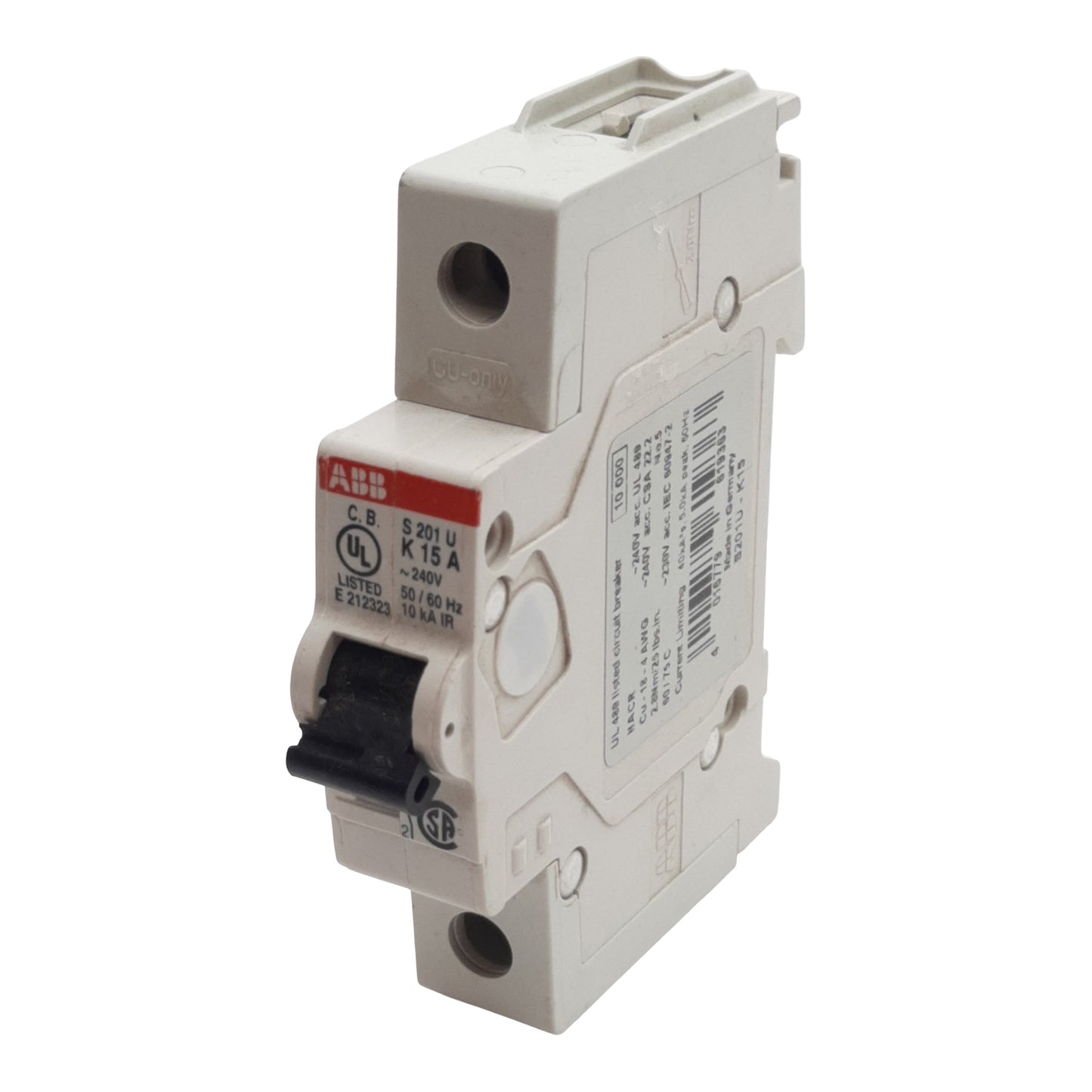 Used Lot of 2 ABB S201U-K15A Circuit Breaker, 1-Pole, 15A 240VAC, K-Curve, DIN Rail