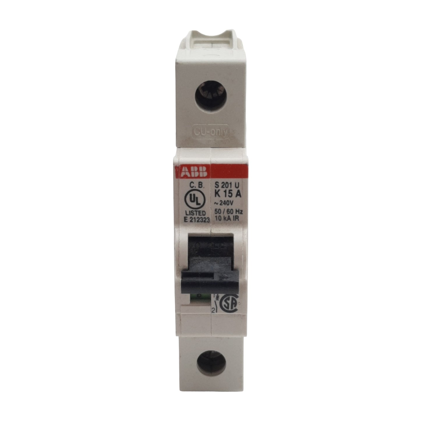Used Lot of 2 ABB S201U-K15A Circuit Breaker, 1-Pole, 15A 240VAC, K-Curve, DIN Rail