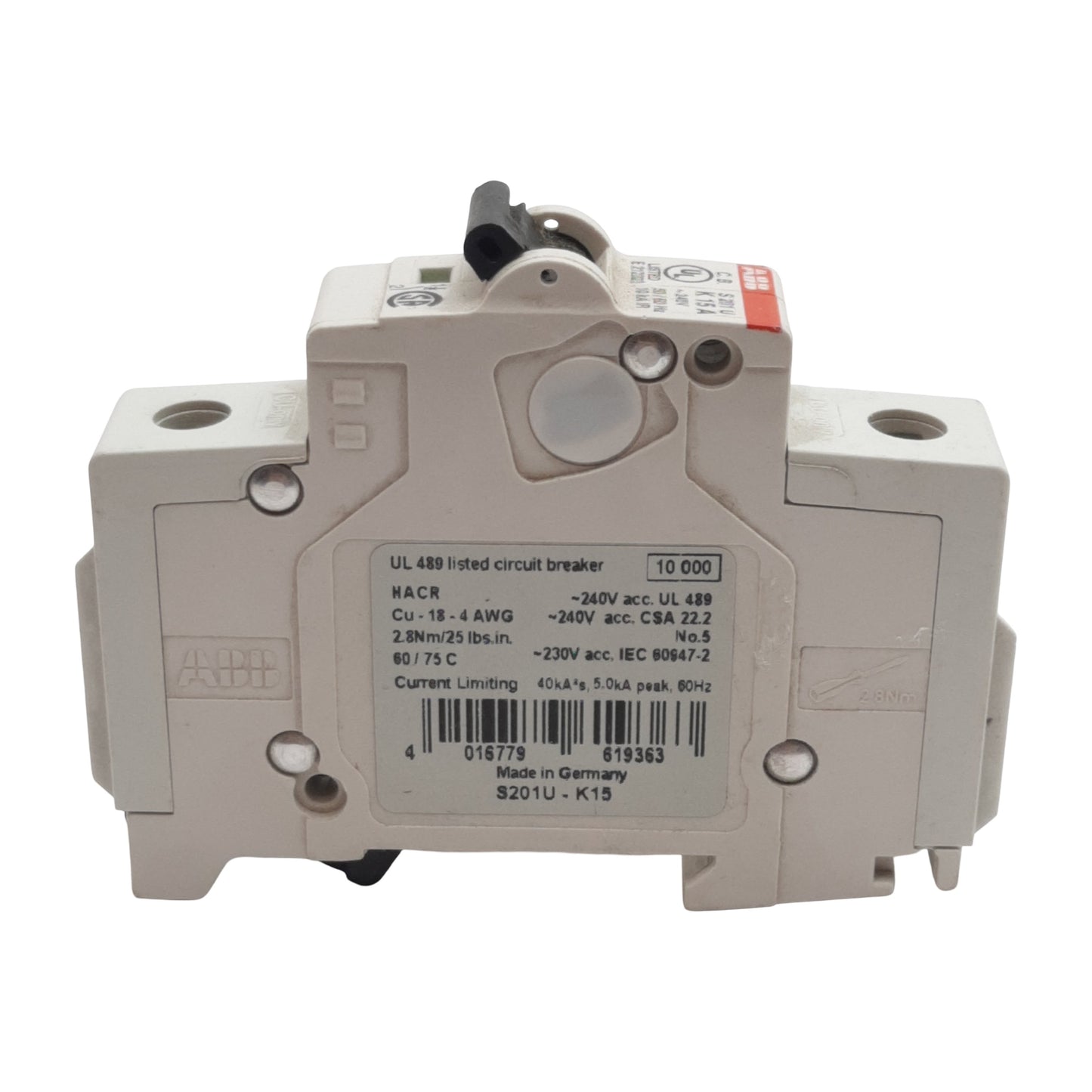 Used Lot of 2 ABB S201U-K15A Circuit Breaker, 1-Pole, 15A 240VAC, K-Curve, DIN Rail