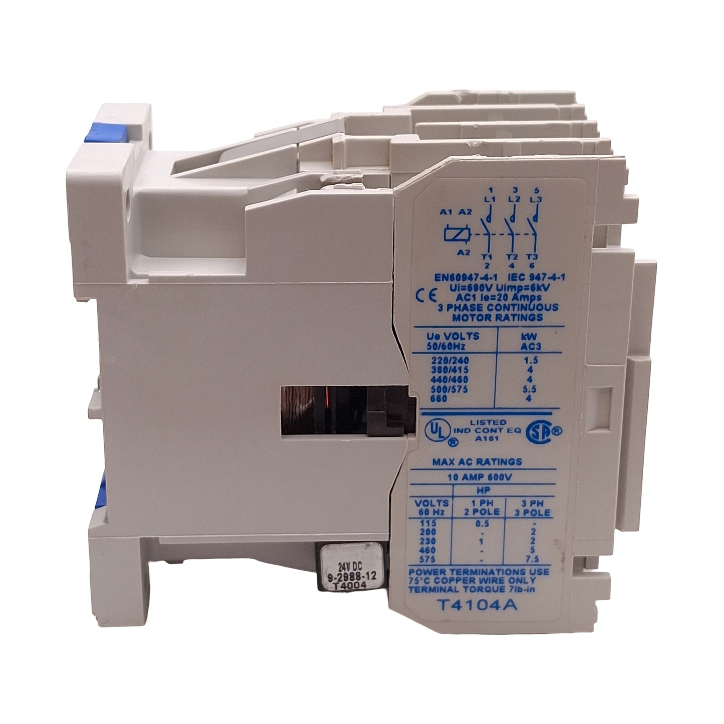 Used Cutler-Hammer CE15BN3 Contactor, 3-Pole, 10A, 7.5HP @ 575VAC, 24VDC Coil