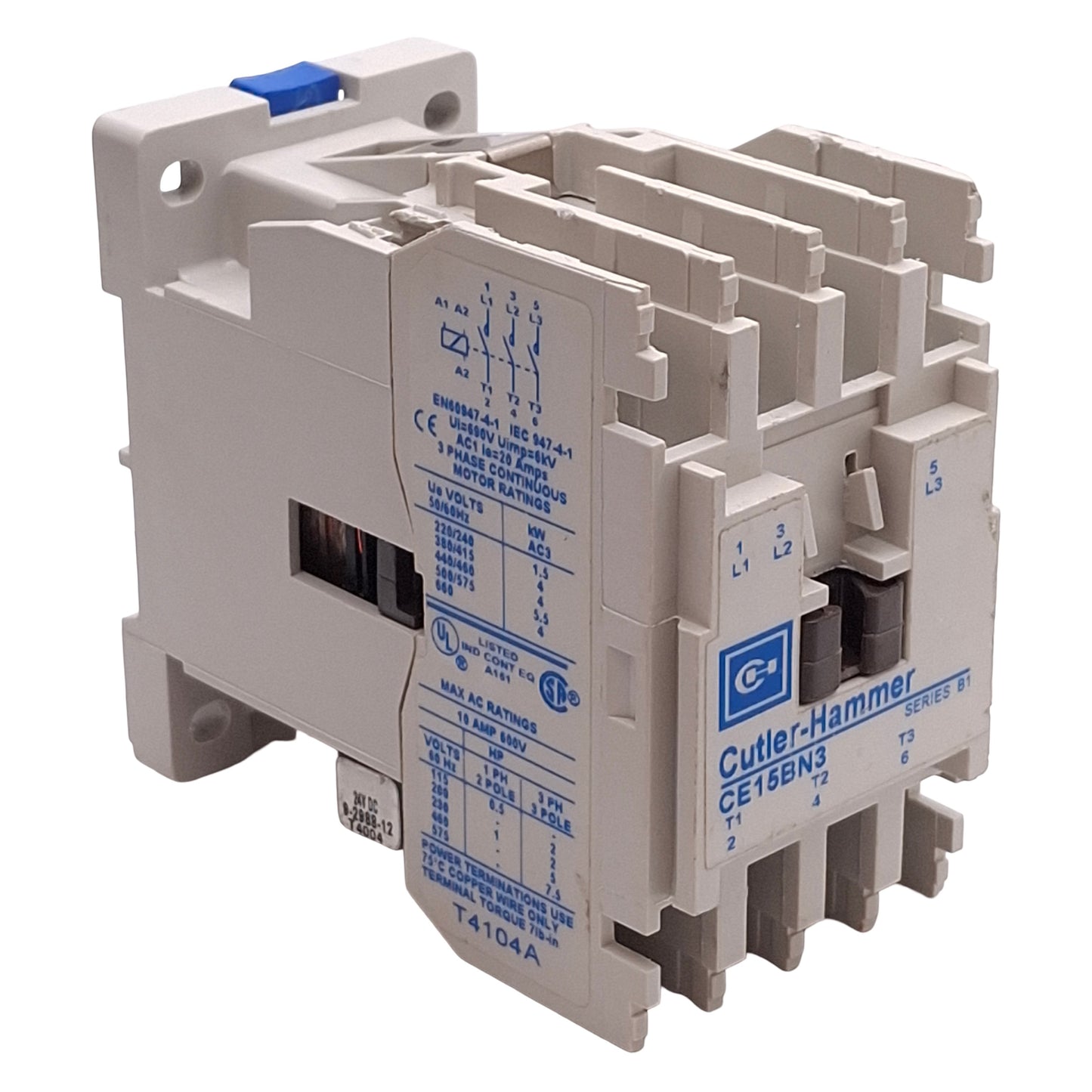 Used Cutler-Hammer CE15BN3 Contactor, 3-Pole, 10A, 7.5HP @ 575VAC, 24VDC Coil