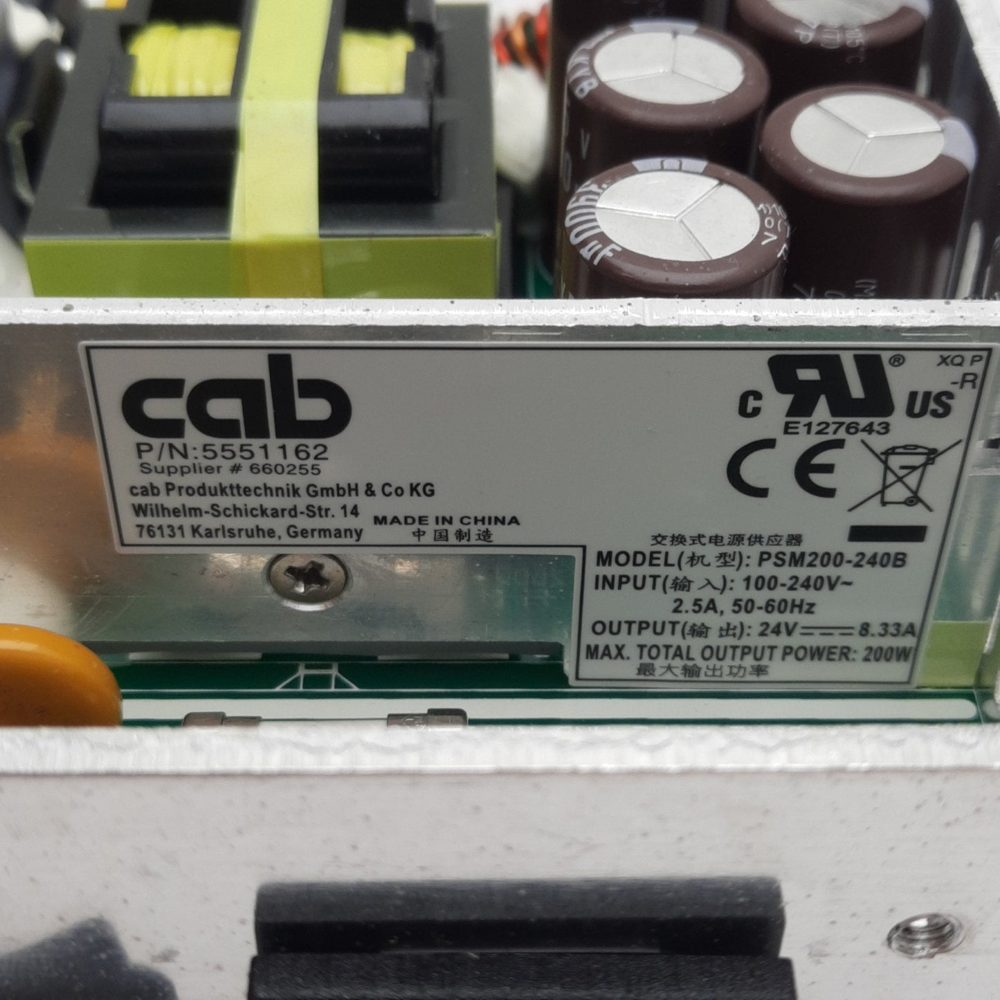 New CAB 5551162.001 XC Q Squix Power Supply, 100-240VAC In, 8.33A 24VDC 200W Out