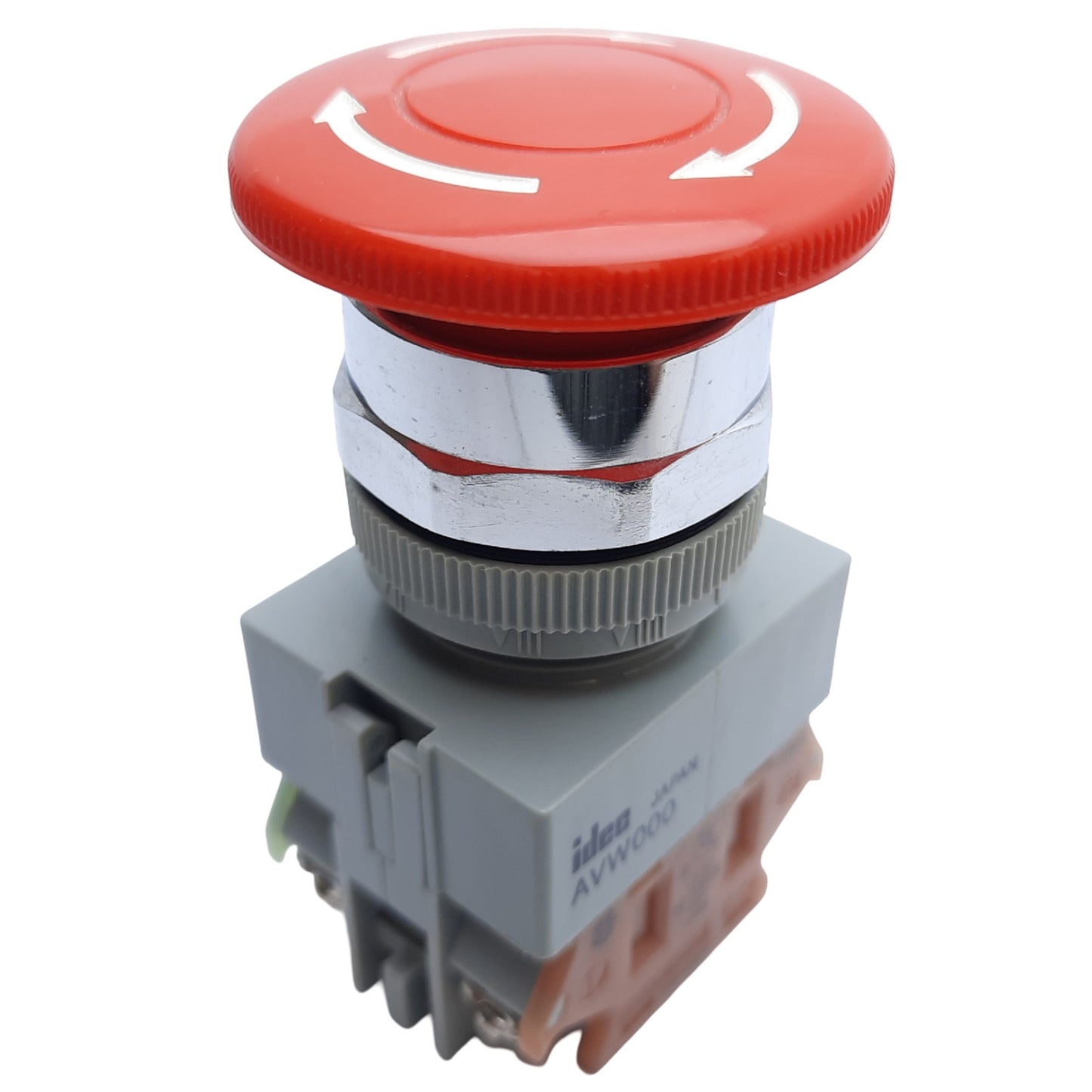 Used Idec AVW000 Emergency Stop Push-Twist Button, ø22mm, 1NO - 1NC, 10A 600V AC