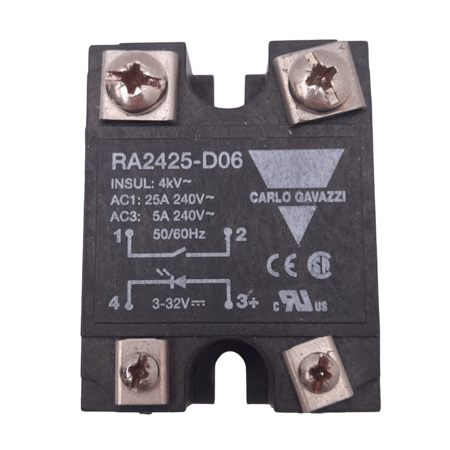 Used Carlo Gavazzi RA2425-D06 Solid State Relay, SPST-NO, 240VAC 25A Max, 3-32VDC In