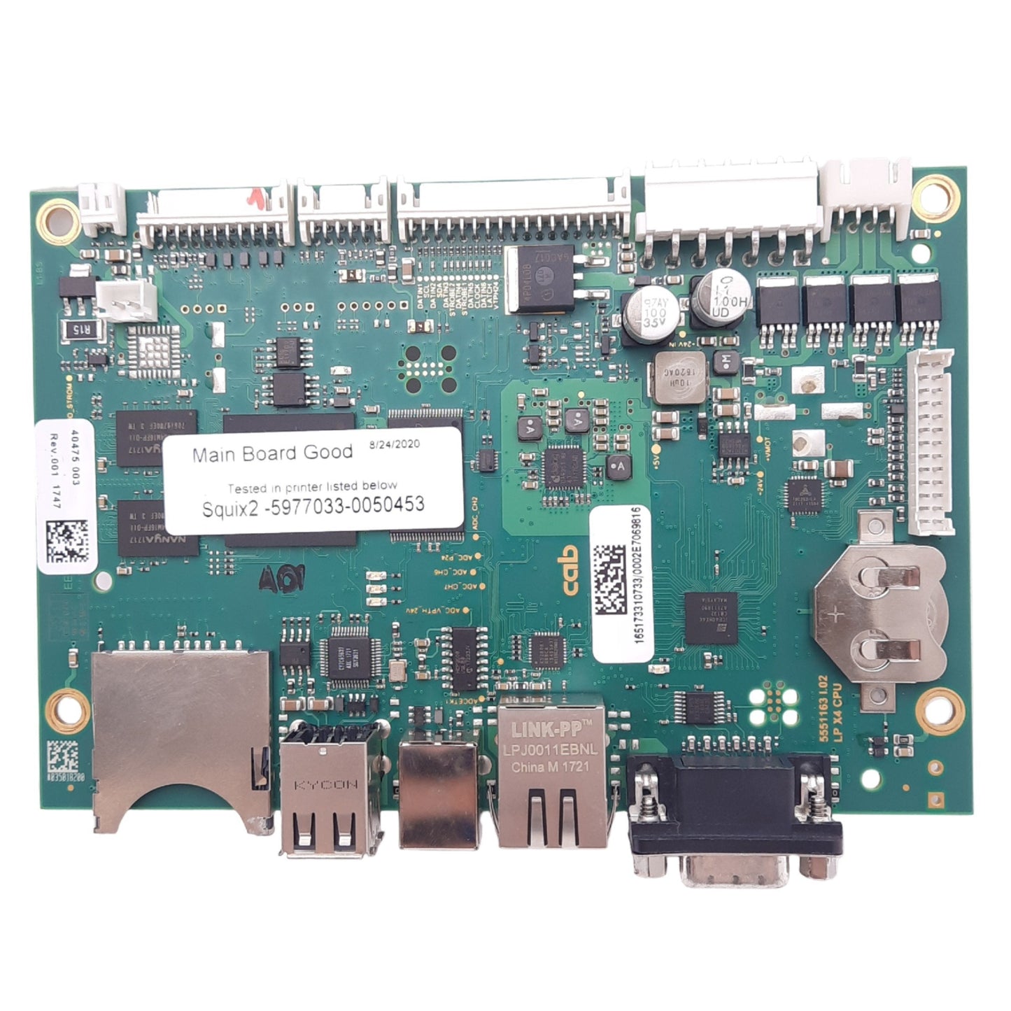 Used CAB 5551163 I.02 Circuit Board for CAB ER2/SQUIX Printers, RJ45, USB, DB9F