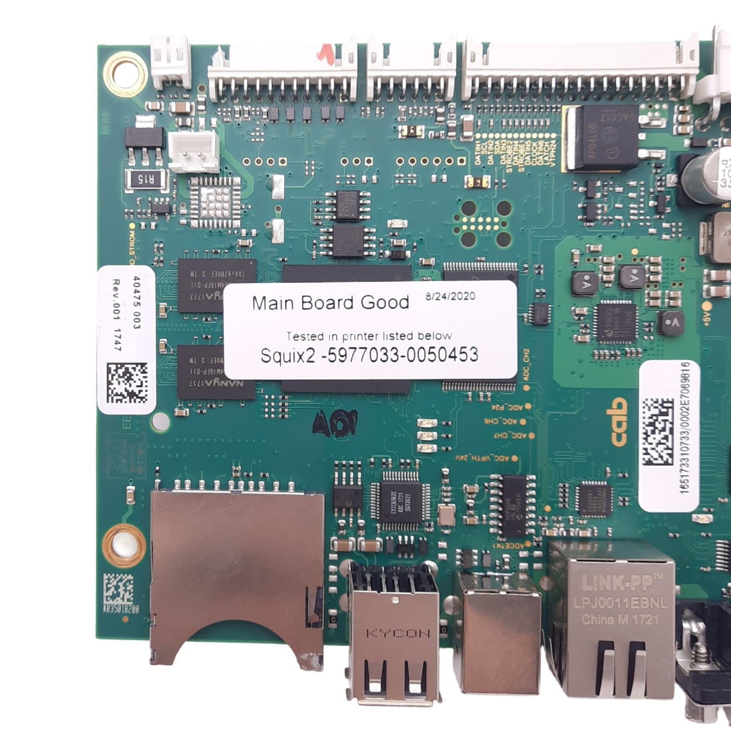 Used CAB 5551163 I.02 Circuit Board for CAB ER2/SQUIX Printers, RJ45, USB, DB9F