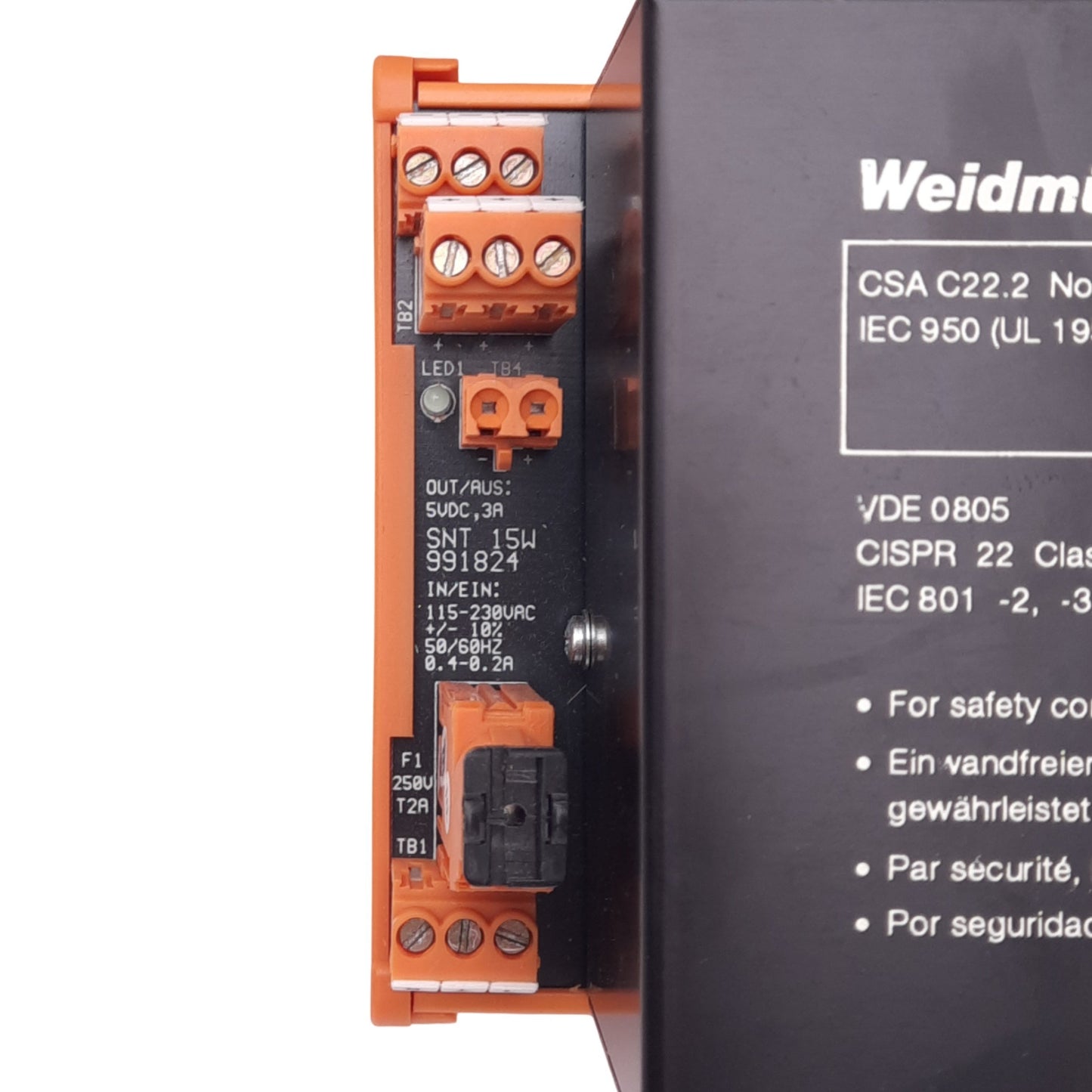 Used Weidmuller SNT 15W 991824 Power Supply, 115-230VAC In, 5VDC 3A Out, 15W Max
