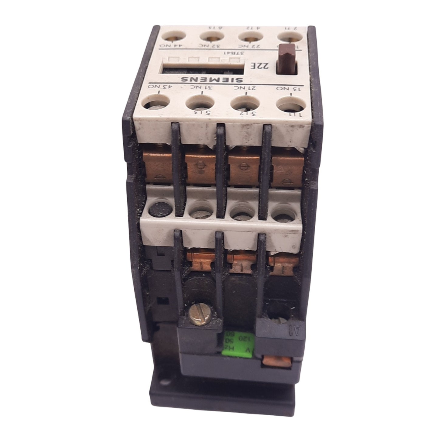 Used Siemens 3TB41 Contactor, 2NO 2NC, 7.5hp 460V Max, DIN Rail, 120VAC Coil