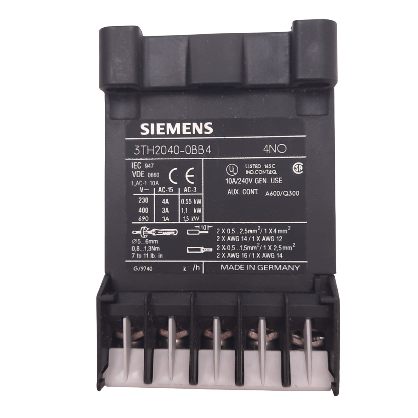 Used Siemens 3TH2040-0BB4 Control Relay, 4NO, 690VAC 1.5kW Max, 24VDC 4A Out