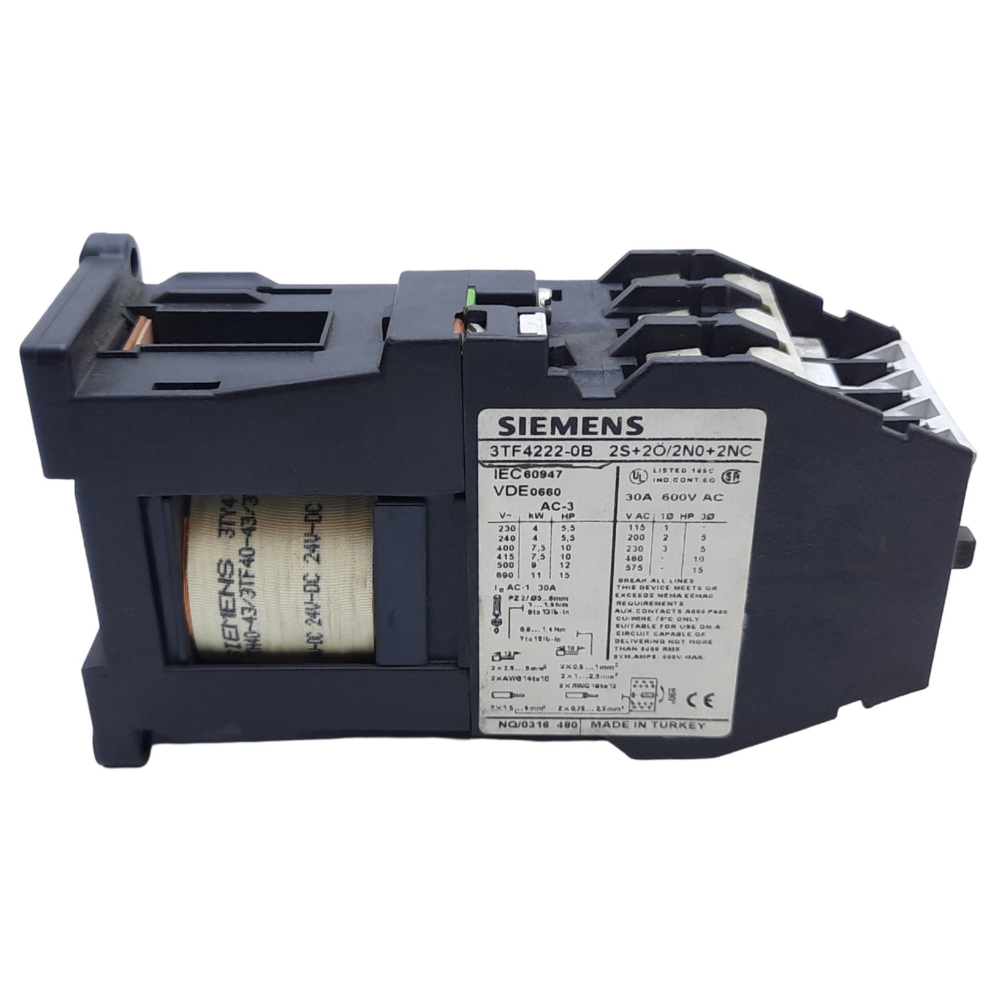 Used Siemens 3TF4222-0B Contactor Relay, 3-Poles, 2NO-2NC, 10HP at 460V, Coil 24V DC