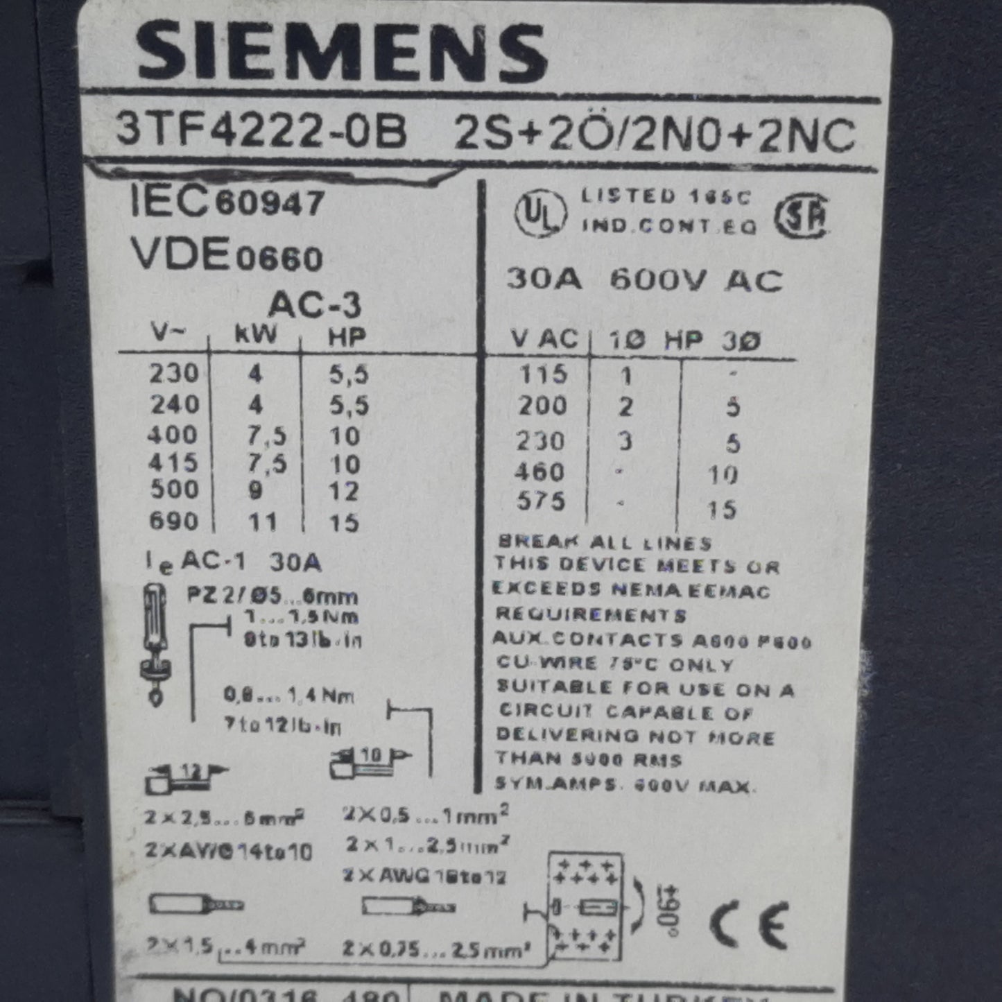 Used Siemens 3TF4222-0B Contactor Relay, 3-Poles, 2NO-2NC, 10HP at 460V, Coil 24V DC