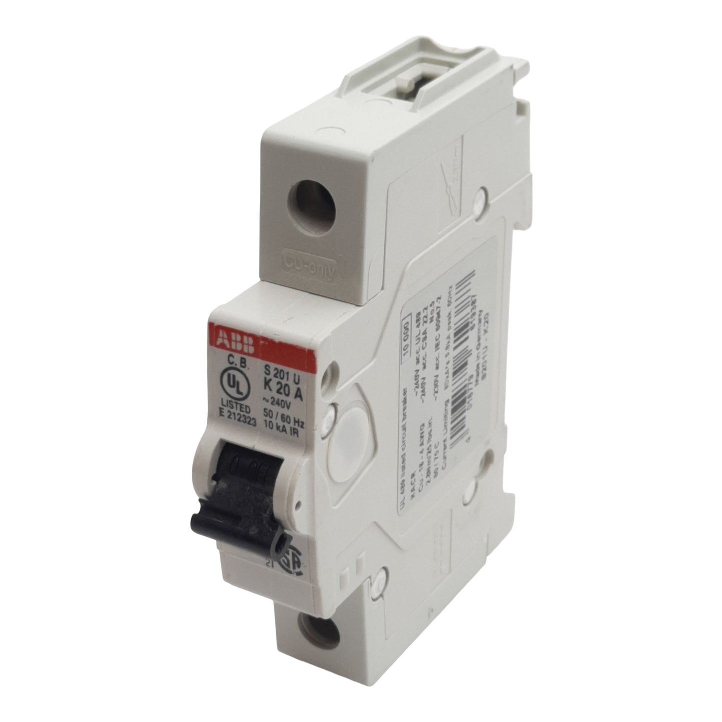 Used ABB S201U-K20 Circuit Breaker, 1-Pole, 20A 240VAC, K-Curve, DIN Rail