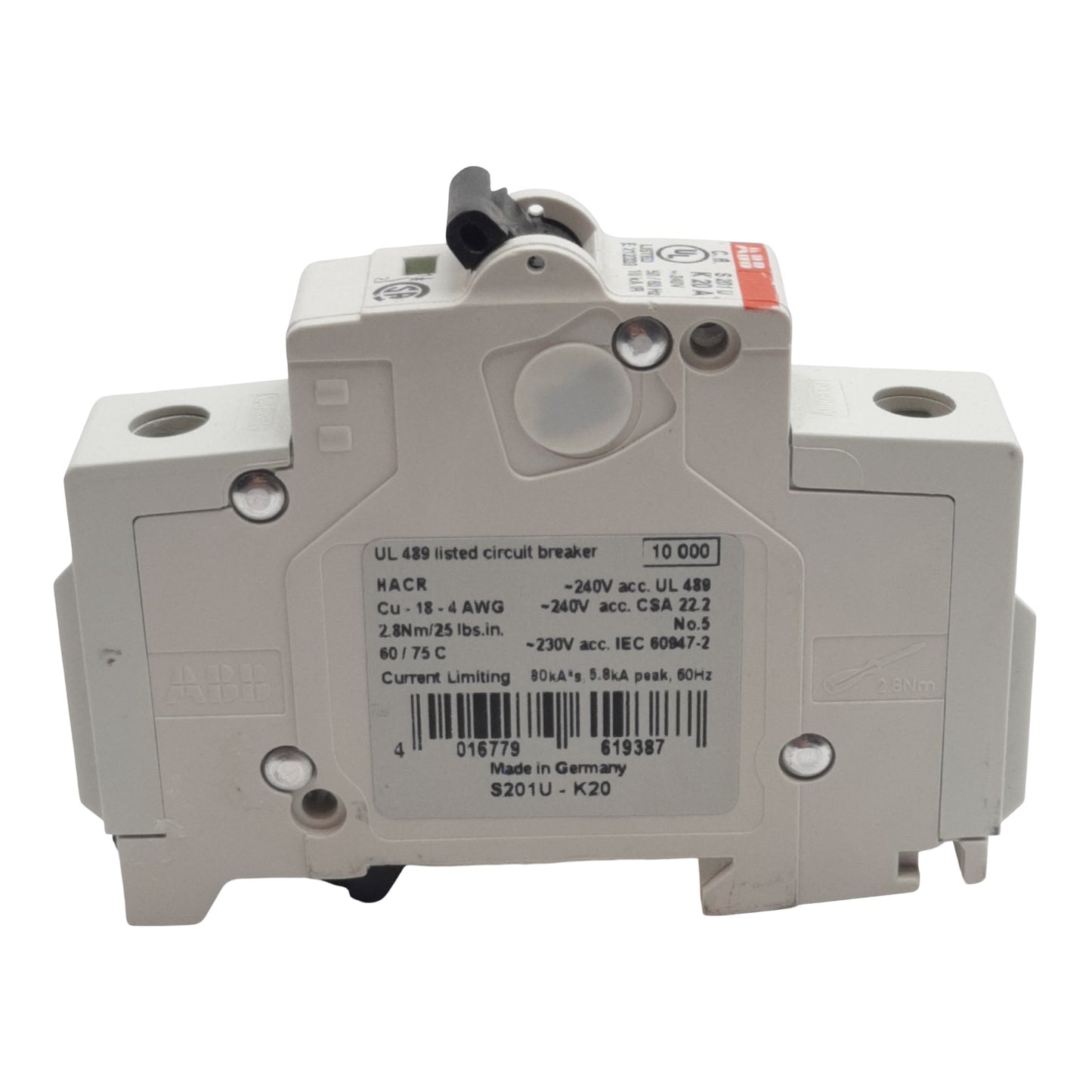 Used ABB S201U-K20 Circuit Breaker, 1-Pole, 20A 240VAC, K-Curve, DIN Rail