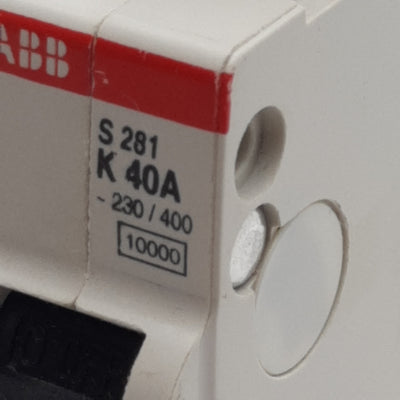 Used ABB S281-K40 Circuit Breaker, 1-Pole, 40A 230/400VAC, K-Curve, DIN Rail