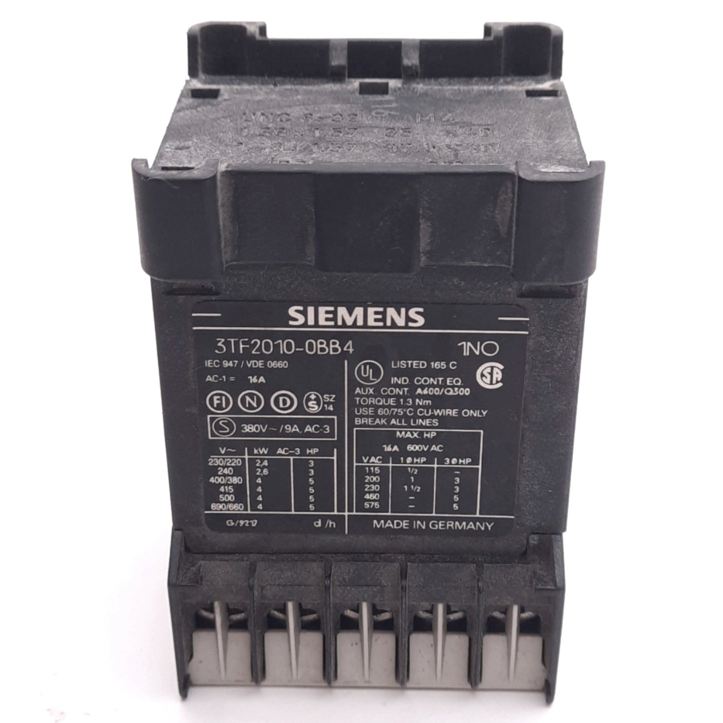 Used Siemens 3TF2010-0BB4 Contactor, 3-Pole + 1NO Aux, 3-Phase 4kW Max, 24VDC Coil