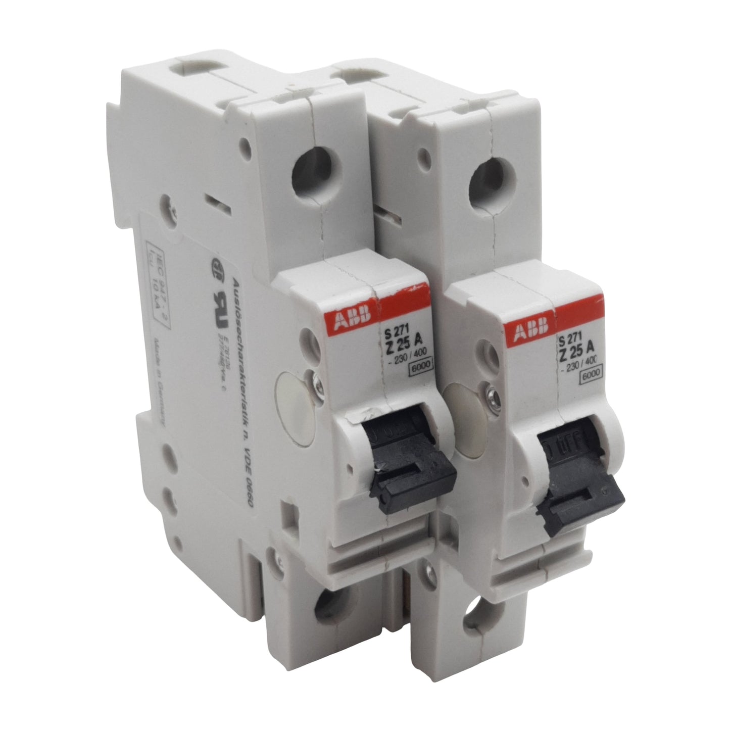 Used Lot of 2 ABB S271-Z25 Circuit Breaker, 1-Pole, 25A 230/400VAC, Z-Curve, DIN Rail