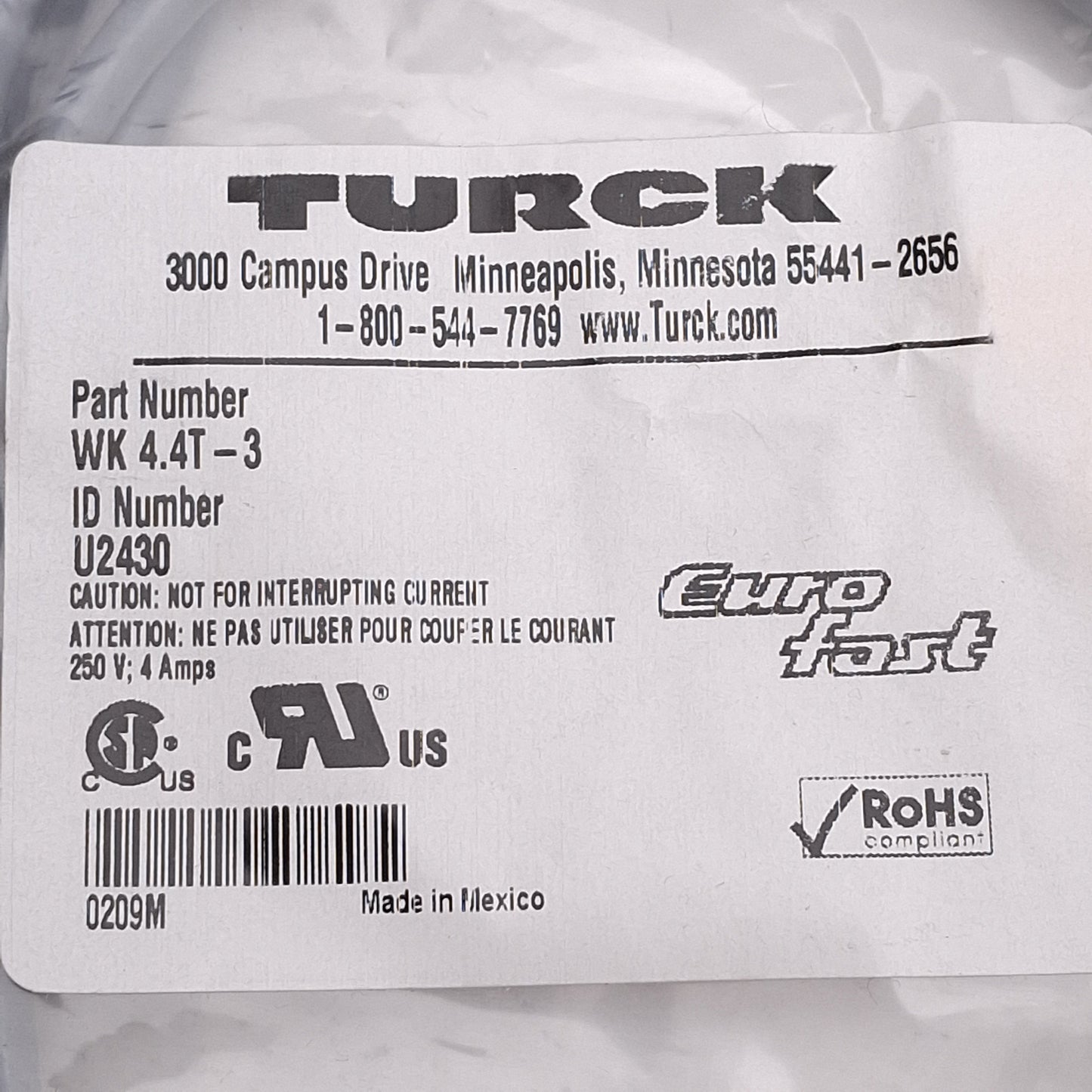 New Turck WK 4.4T-3 Cordset, 250V 4A, M12 4-Pin Female to Flying Leads, A-Code, 3m