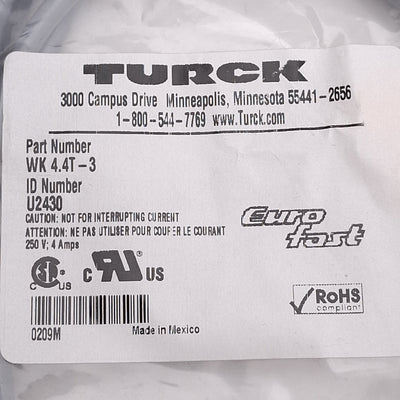 New Turck WK 4.4T-3 Cordset, 250V 4A, M12 4-Pin Female to Flying Leads, A-Code, 3m