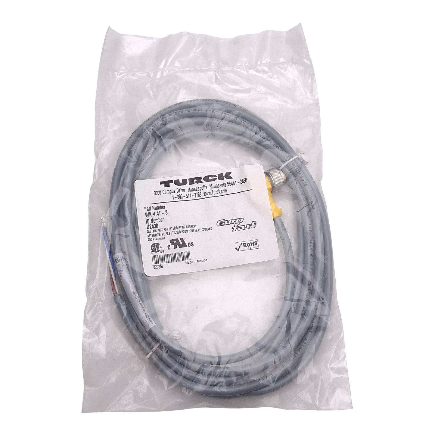 New Turck WK 4.4T-3 Cordset, 250V 4A, M12 4-Pin Female to Flying Leads, A-Code, 3m