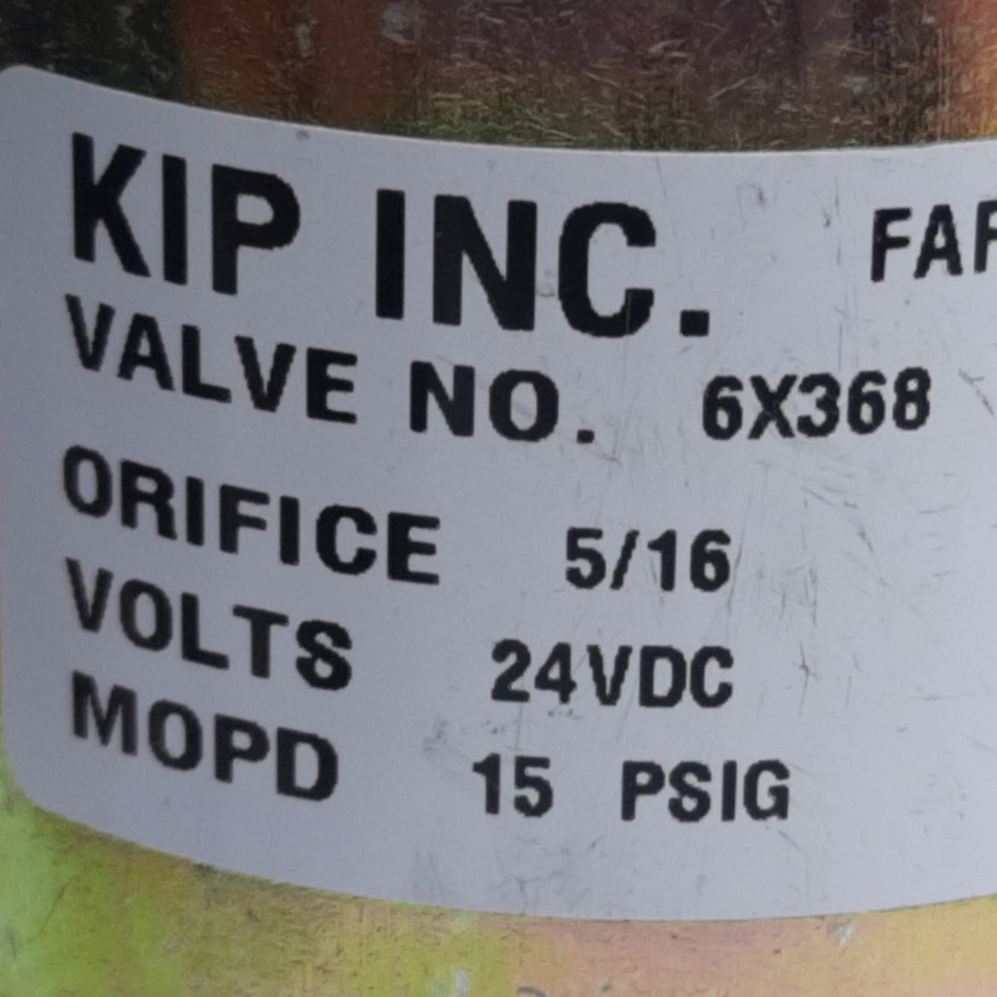 Used KIP 6X368 Solenoid Valve, Orifice 5/16", 15 PSIG, Watts 10, Coil Voltage 24V DC
