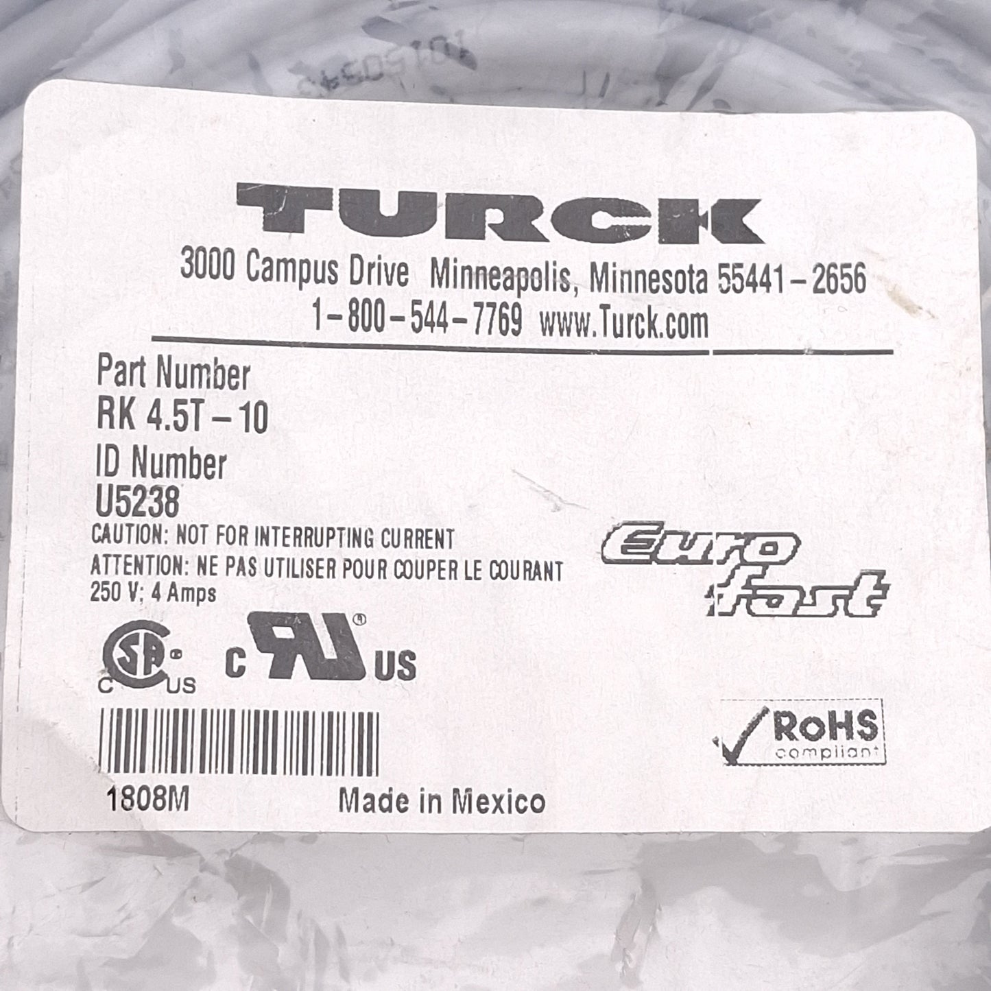 New Turck RK 4.5T-10 Cordset, 250V 4A, M12 5-Pin Female to Flying Leads, A-Code, 10m
