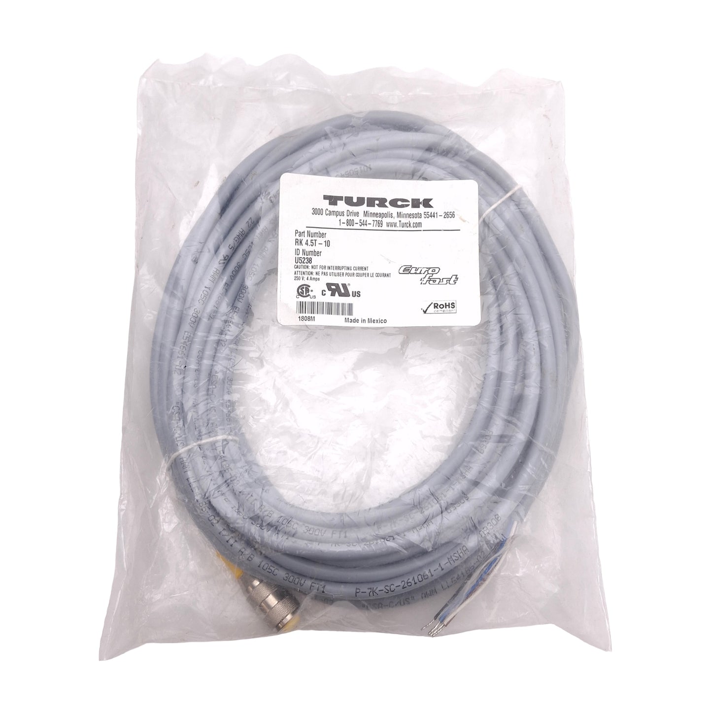 New Turck RK 4.5T-10 Cordset, 250V 4A, M12 5-Pin Female to Flying Leads, A-Code, 10m