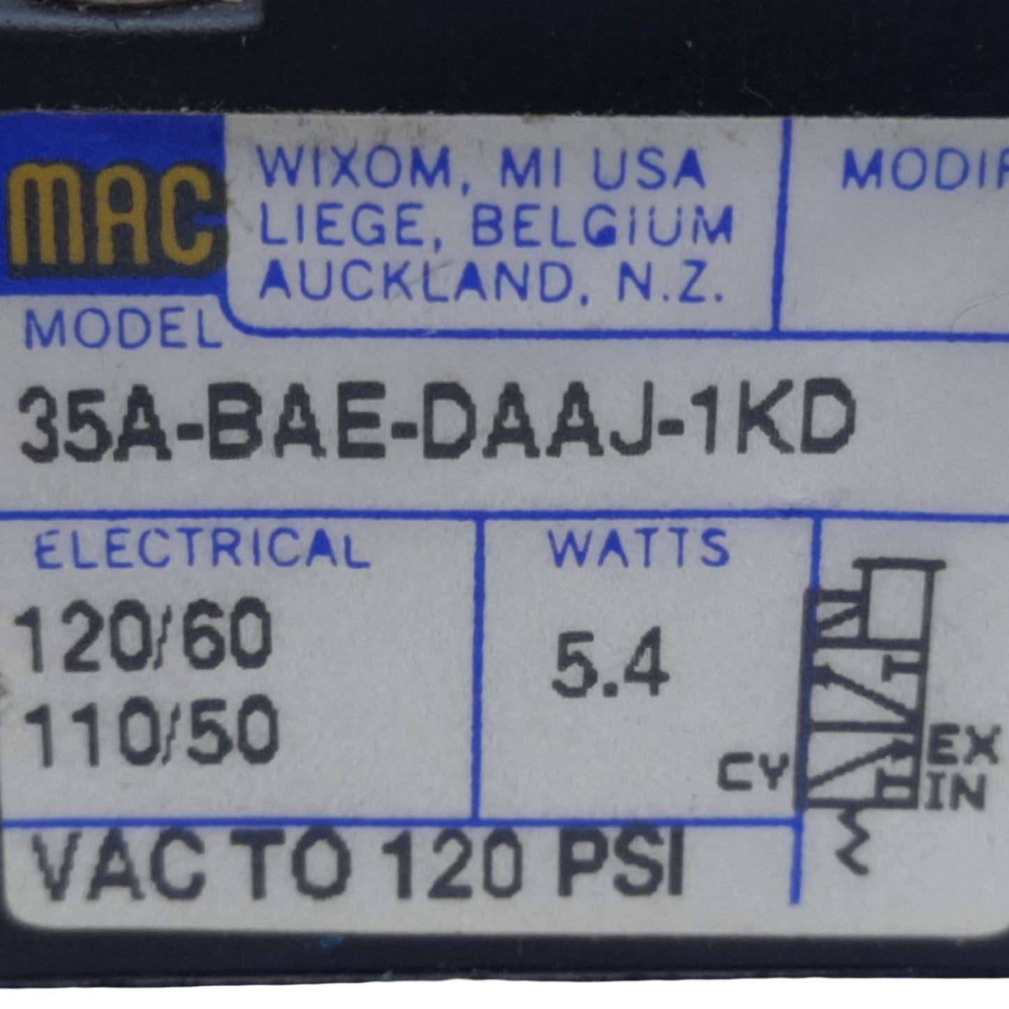 Used MAC 35A-BAE-DAAJ-1KD Solenoid Valve, 3/2 Way NC, 5.4 Watts, 120 PSI, 110/120V