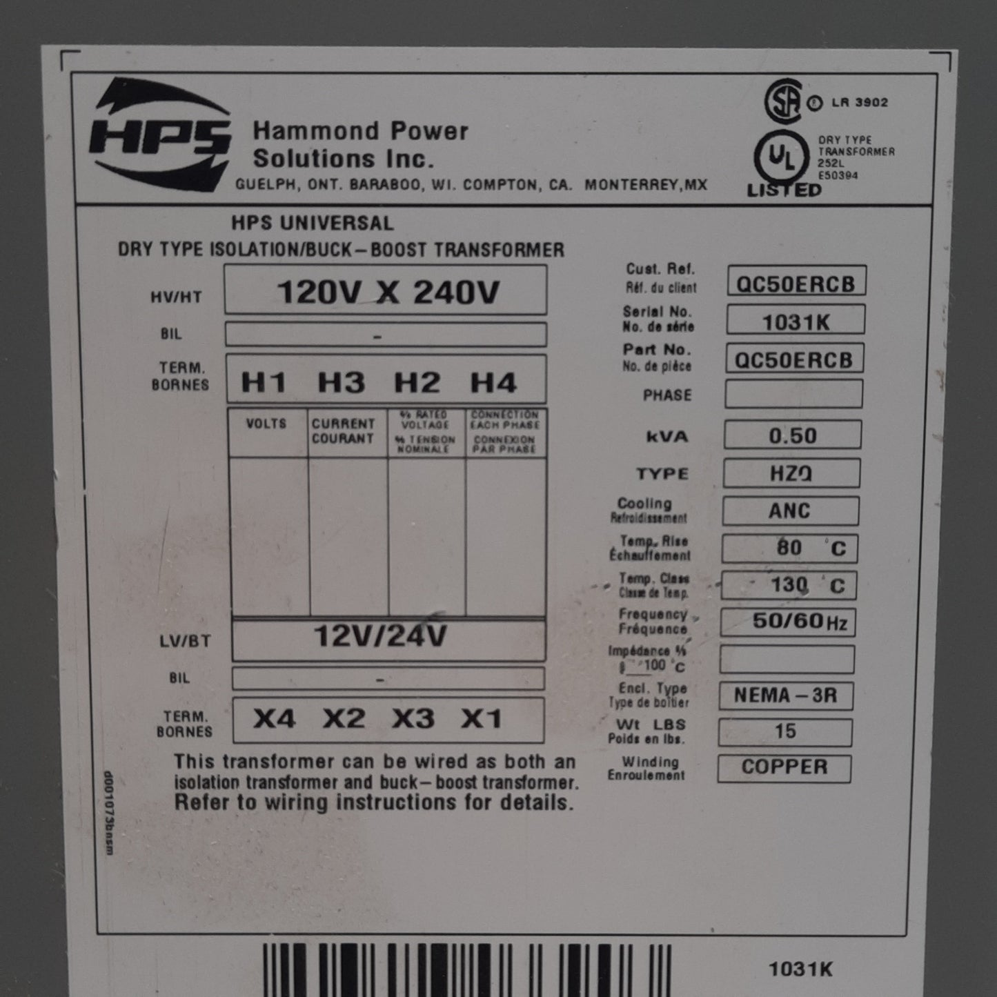 Used Hammond Power QC50ERCB Buck-Boost Transformer, 1PH, 120/240VAC Pri, 12/24VAC Sec