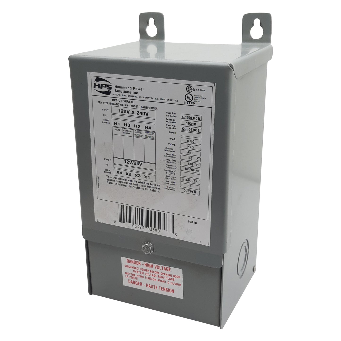 Used Hammond Power QC50ERCB Buck-Boost Transformer, 1PH, 120/240VAC Pri, 12/24VAC Sec