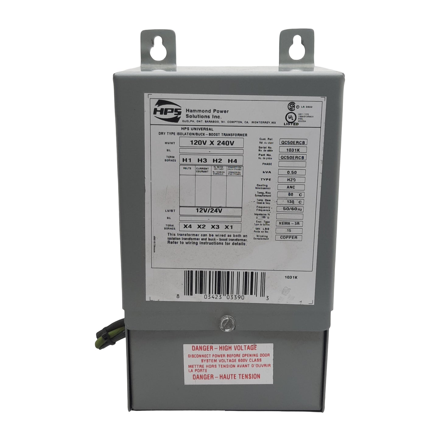 Used Hammond Power QC50ERCB Buck-Boost Transformer, 1PH, 120/240VAC Pri, 12/24VAC Sec