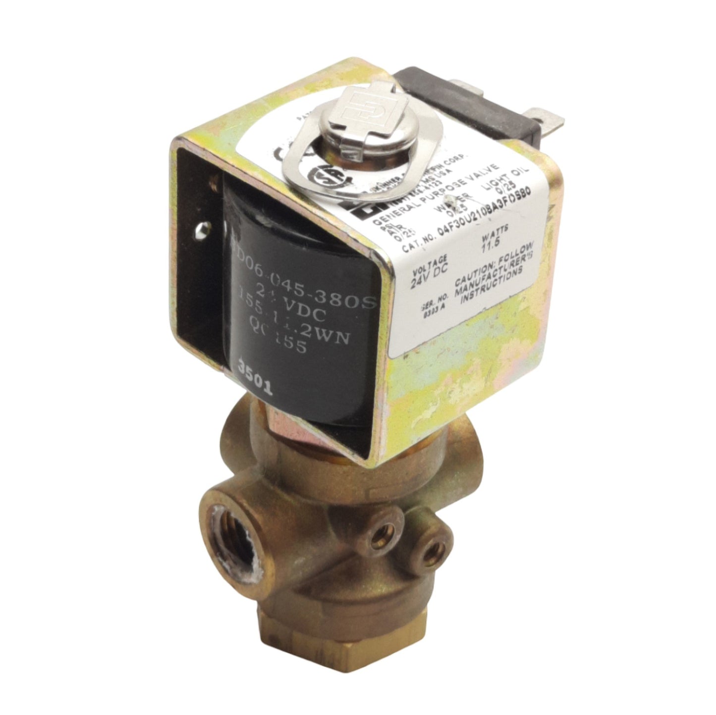 Used Parker 04F30U2108A3FOS80 Solenoid Valve, 3-Way, 1/4in NPT, 25psi, 24VDC Coil