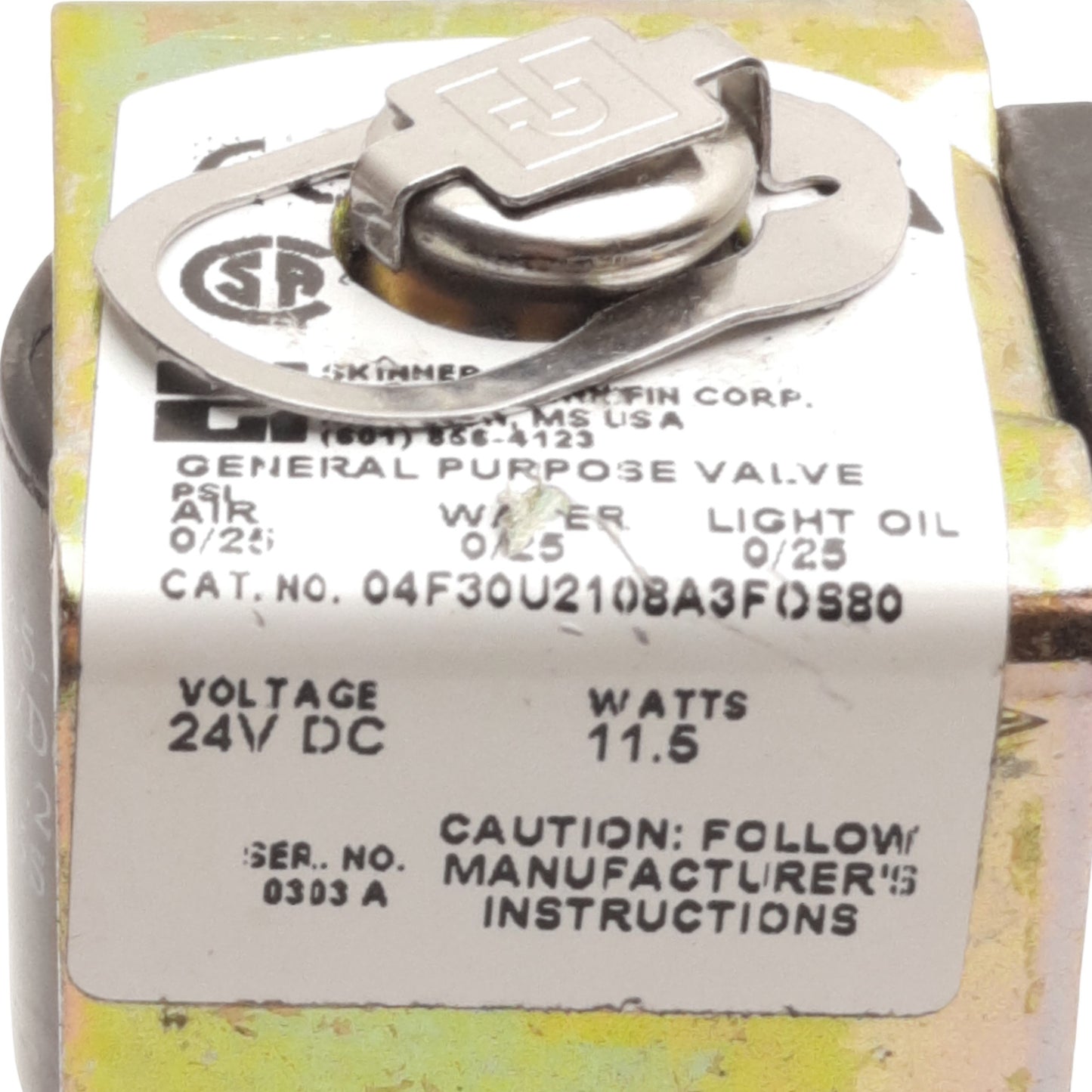 Used Parker 04F30U2108A3FOS80 Solenoid Valve, 3-Way, 1/4in NPT, 25psi, 24VDC Coil