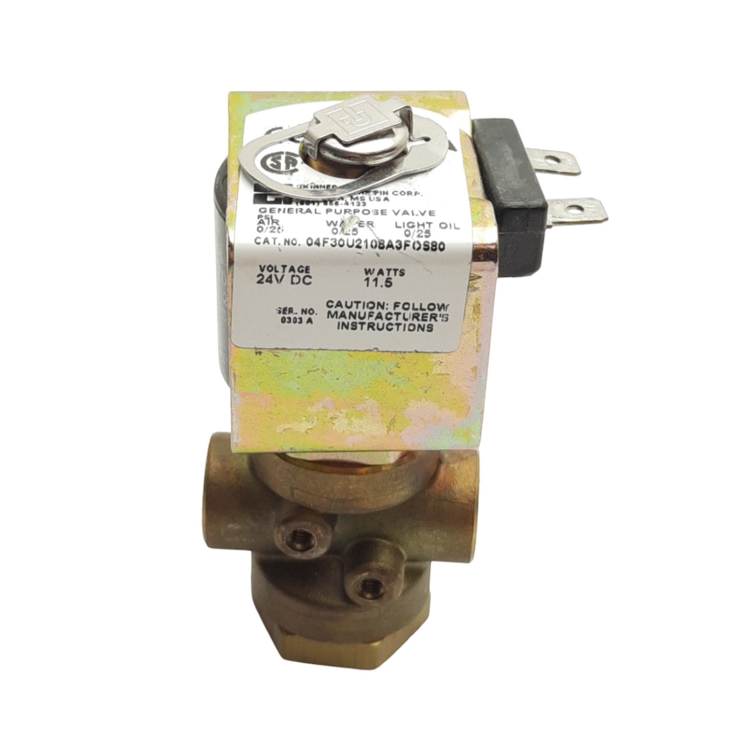 Used Parker 04F30U2108A3FOS80 Solenoid Valve, 3-Way, 1/4in NPT, 25psi, 24VDC Coil