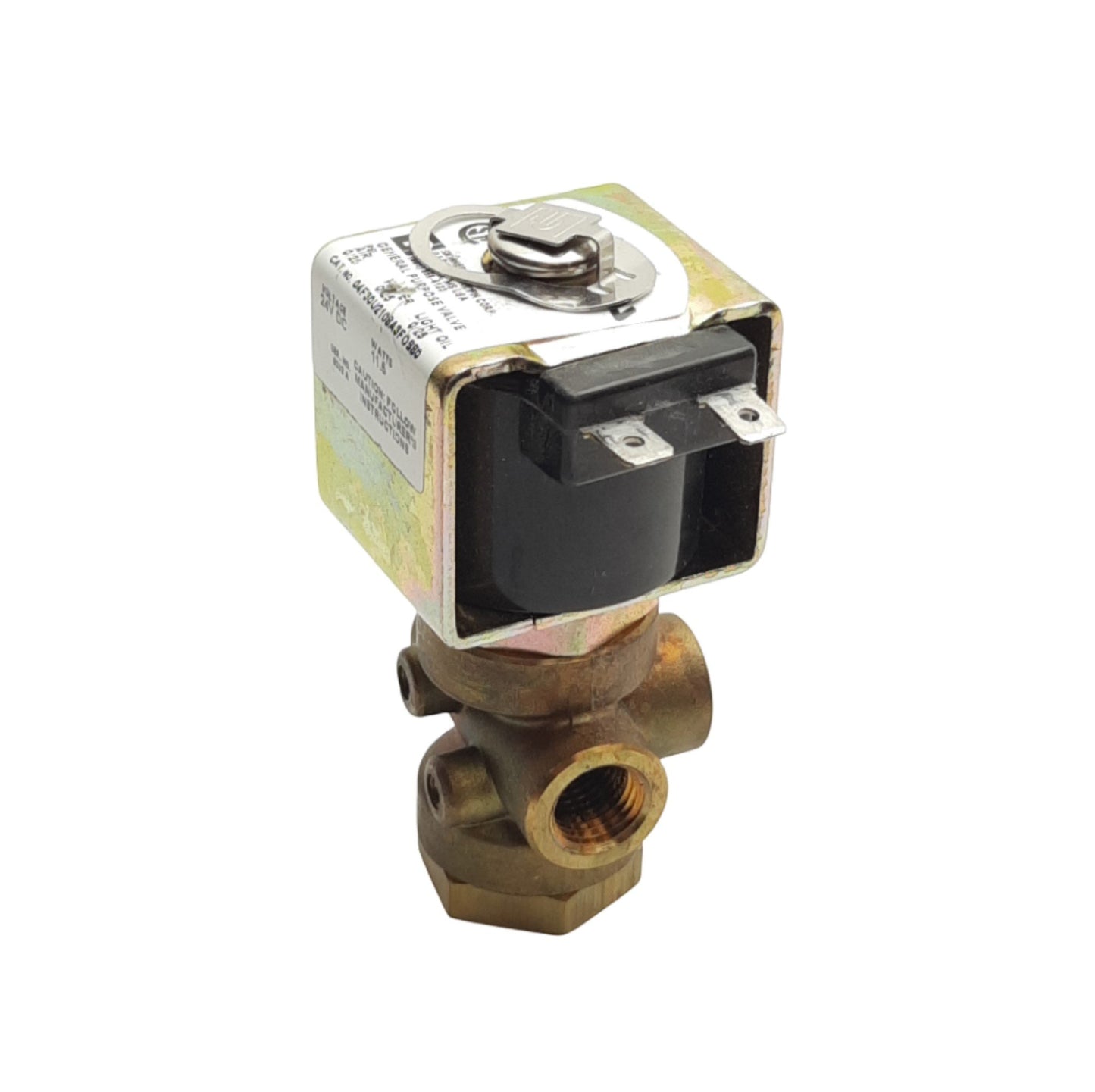 Used Parker 04F30U2108A3FOS80 Solenoid Valve, 3-Way, 1/4in NPT, 25psi, 24VDC Coil