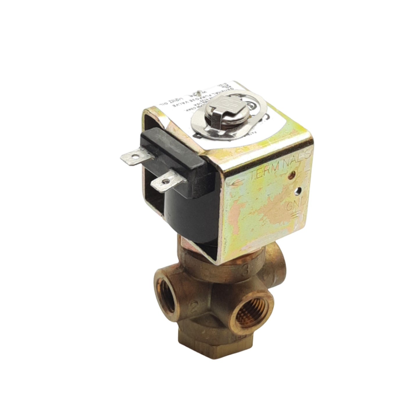 Used Parker 04F30U2108A3FOS80 Solenoid Valve, 3-Way, 1/4in NPT, 25psi, 24VDC Coil