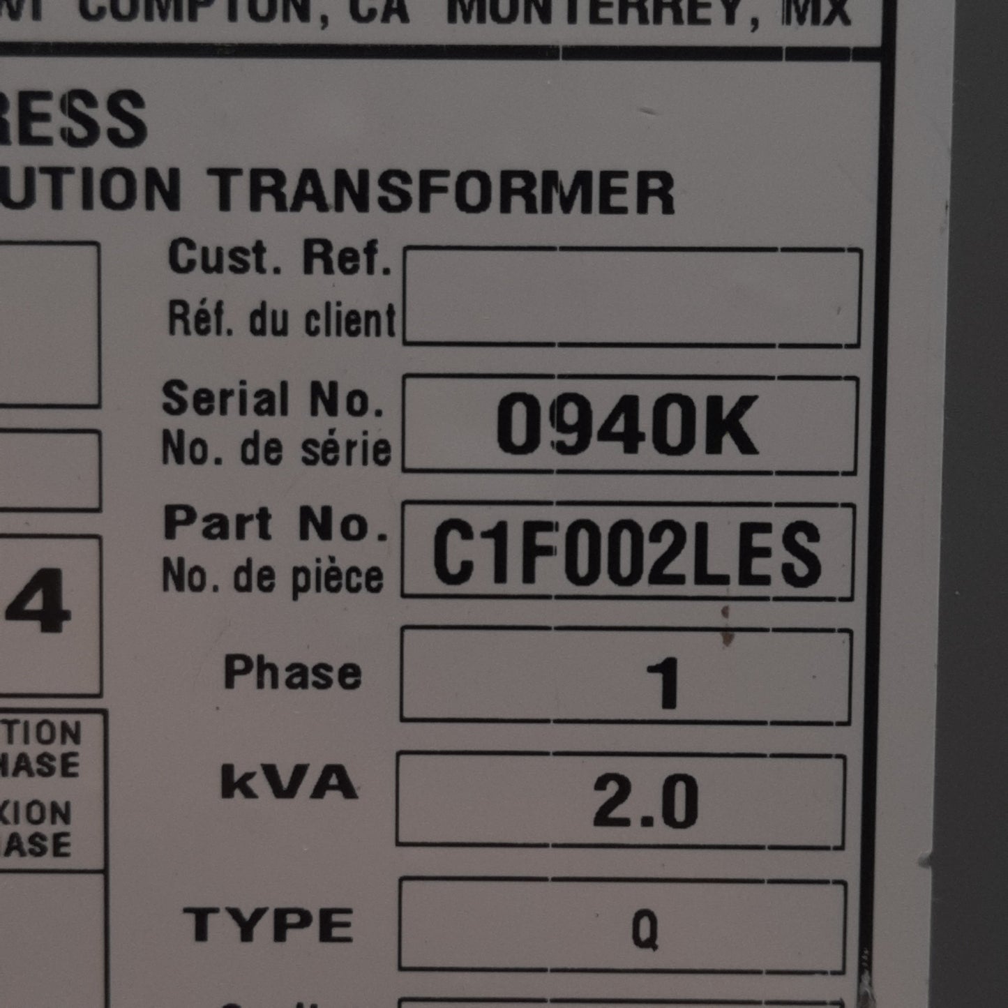 Used Hammond Power C1F002LES Buck-Boost Transformer, 240/480VAC Pri, 120/240VAC Sec
