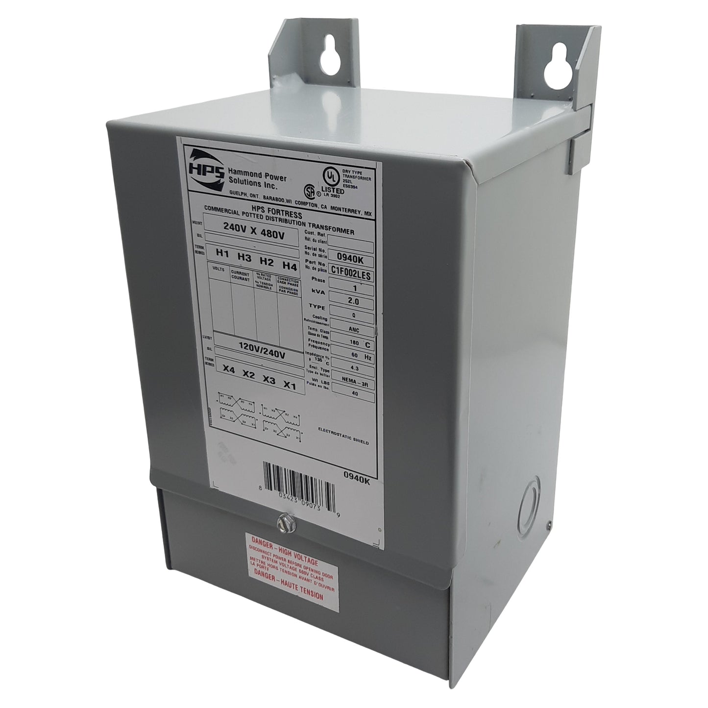 Used Hammond Power C1F002LES Buck-Boost Transformer, 240/480VAC Pri, 120/240VAC Sec