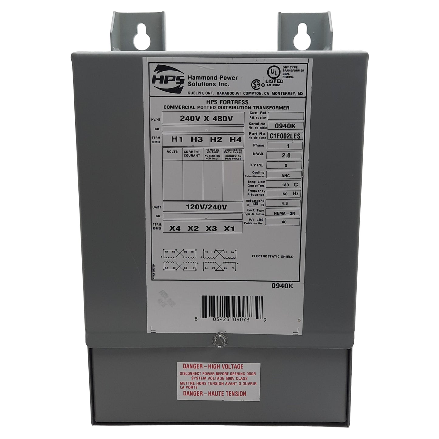 Used Hammond Power C1F002LES Buck-Boost Transformer, 240/480VAC Pri, 120/240VAC Sec