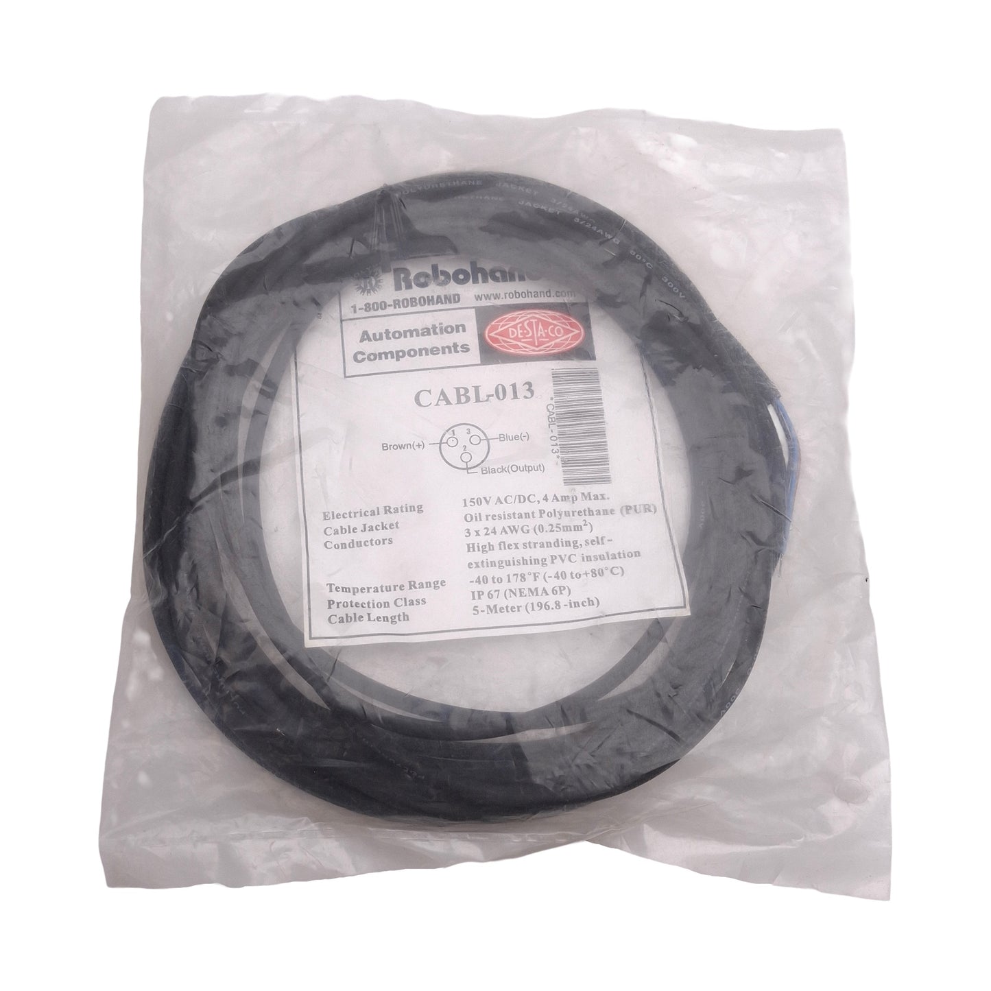 New Destaco Robohand CABL-013 Quick Disconnect Sensor Cable, M8 3-Pin Female, 5m