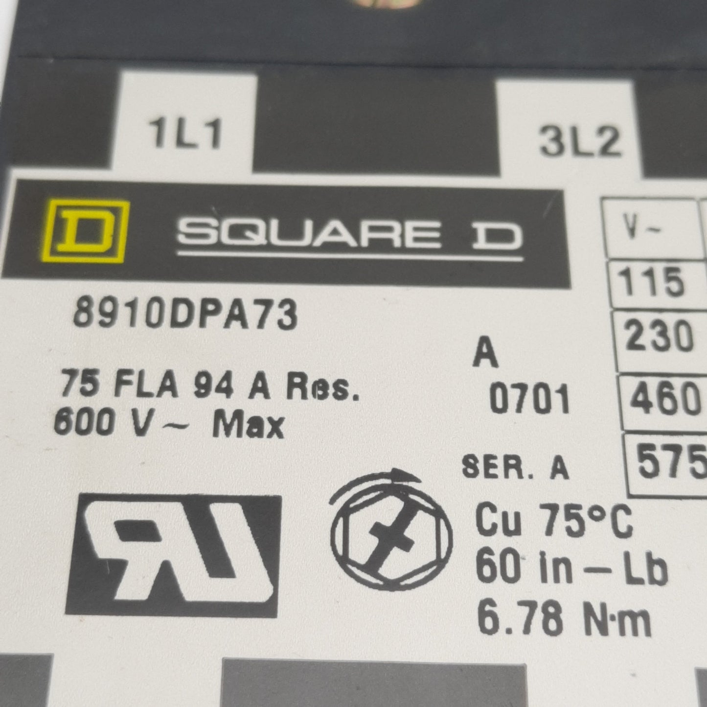Used Square-D 8910DPA73 Contactor, 3-Pole 3N.O. 3-PH, 75A 600VAC, 110/120VAC Coil