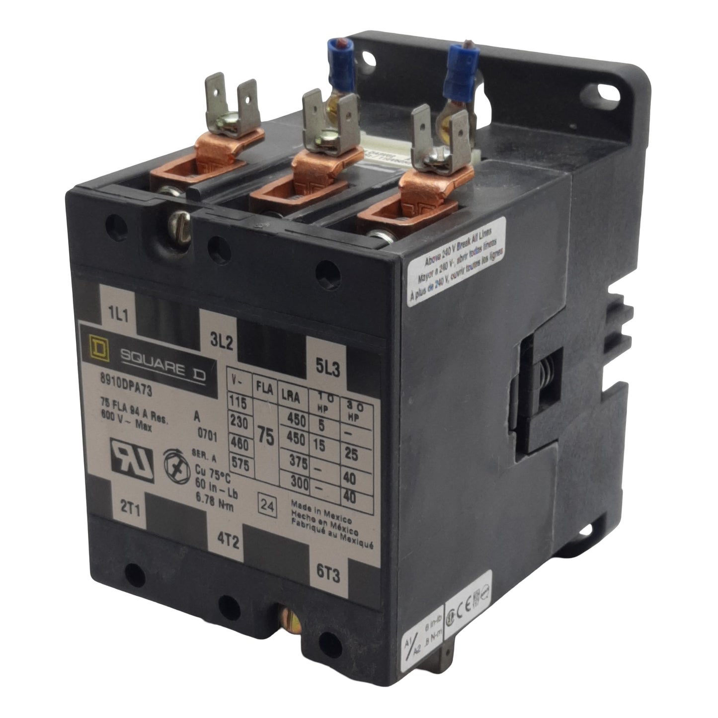 Used Square-D 8910DPA73 Contactor, 3-Pole 3N.O. 3-PH, 75A 600VAC, 110/120VAC Coil